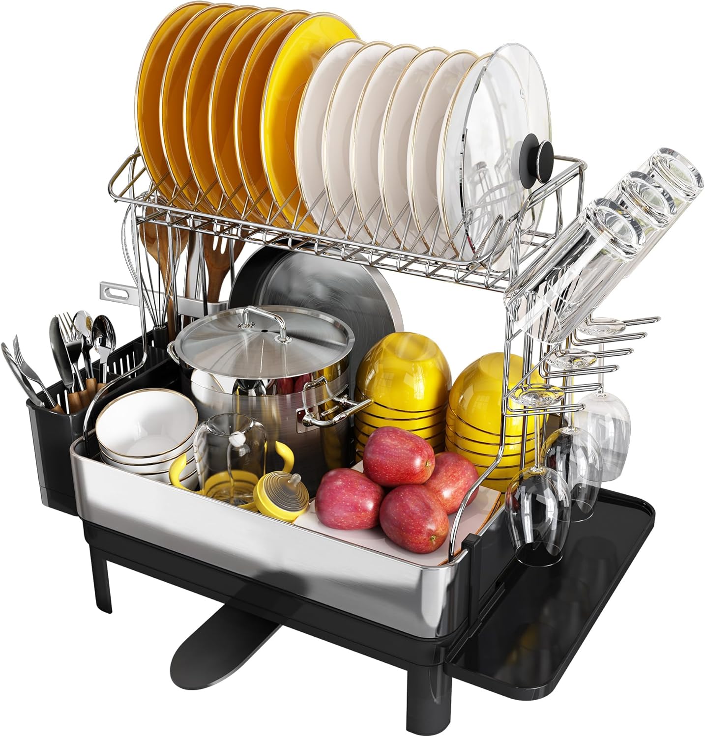 romision 2 Tier Dish Drying Rack, Large Dish Rack with 360° Swivel Spout, 304 Stainless Steel Dish Drainer Rack, Draining Board Rack for Kitchen Counter with Utensil Holder, Silver.