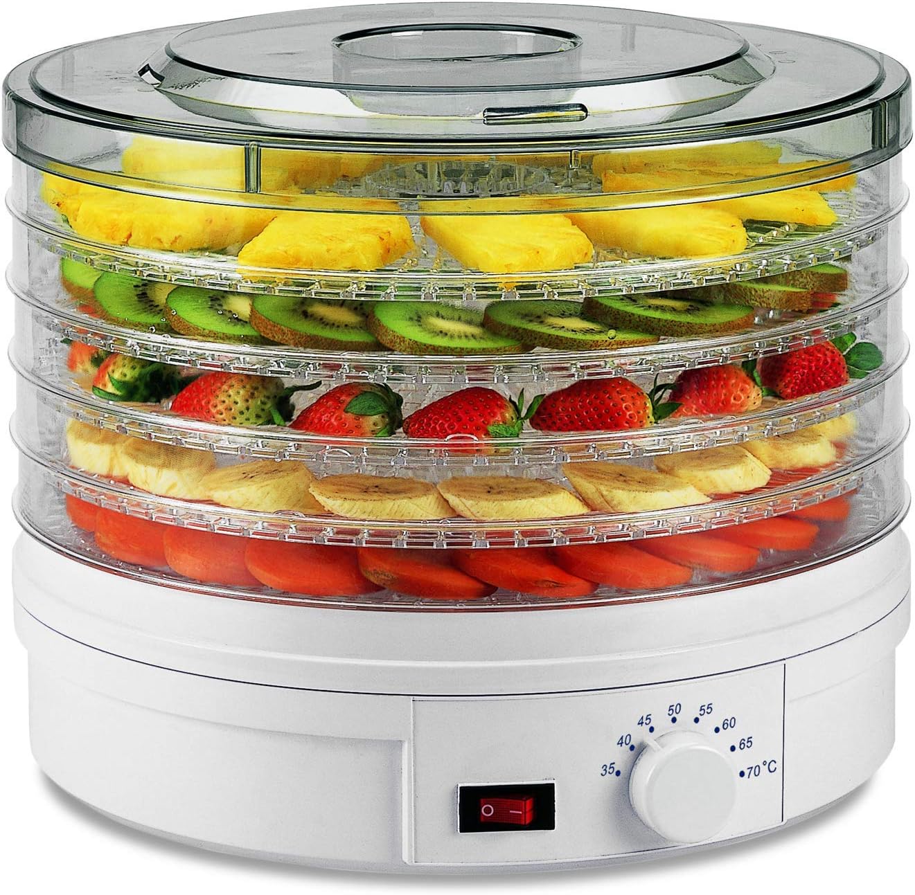 Electric Food Dehydrator Machine for Jerky 350w with 5 Removable Trays, 35-70° Temperature Adjustable for Healthy & Natural Snacks.