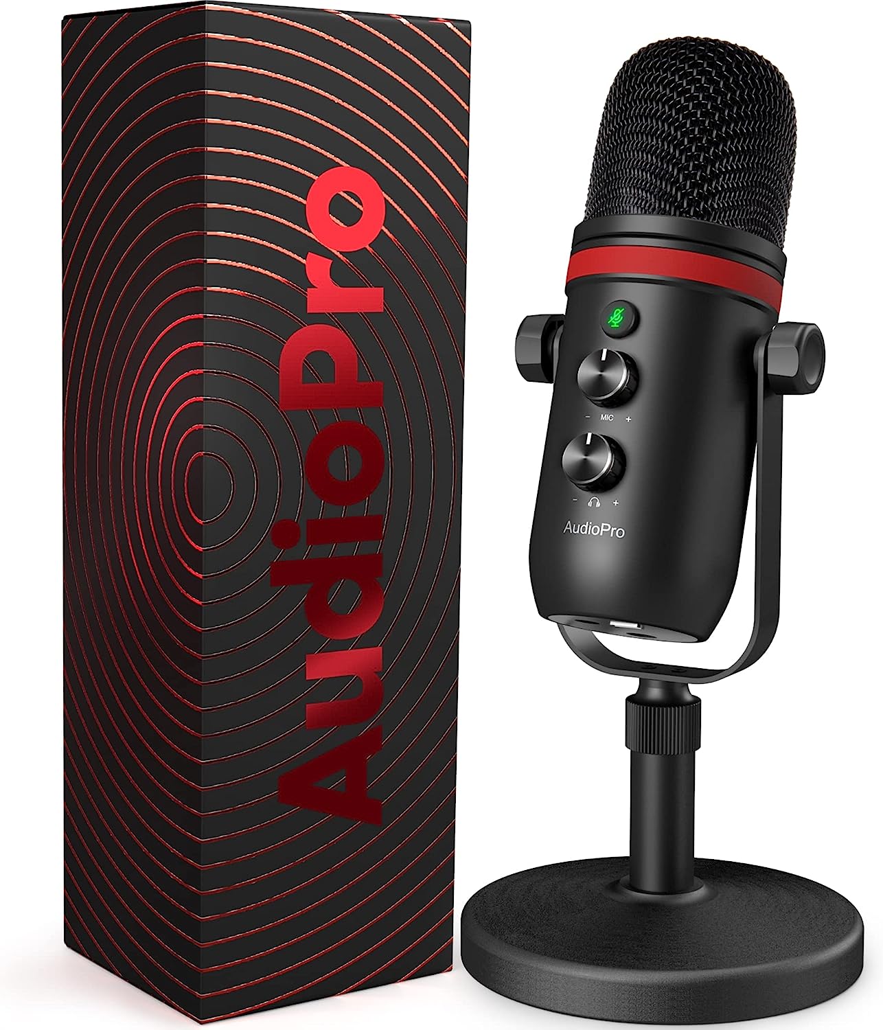 AUDIOPRO USB Microphone - Computer Condenser Gaming Mic for PC/Laptop/Phone/PS4/5, Headphone Output, Volume Control, USB Type C Plug and Play, LED Mute Button, for Streaming, Podcast, Studio Recording.