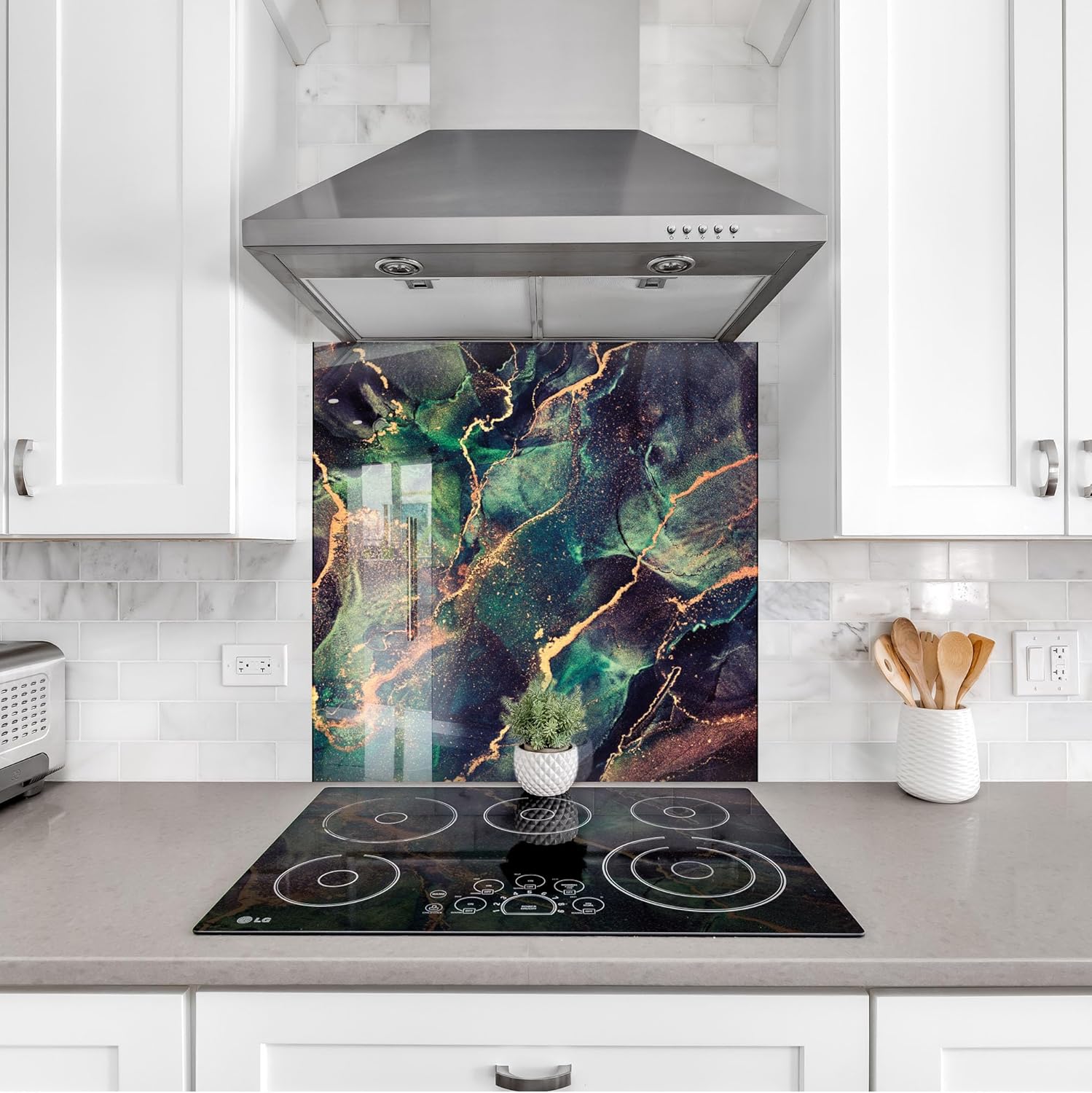 Myphotostation.com 70WX43H'' Tempered Glass Marble Backsplash Design Cooker Wall Backsplash Panel Glass Splashback For Kitchen Panel Design Green Abstract Splashback.