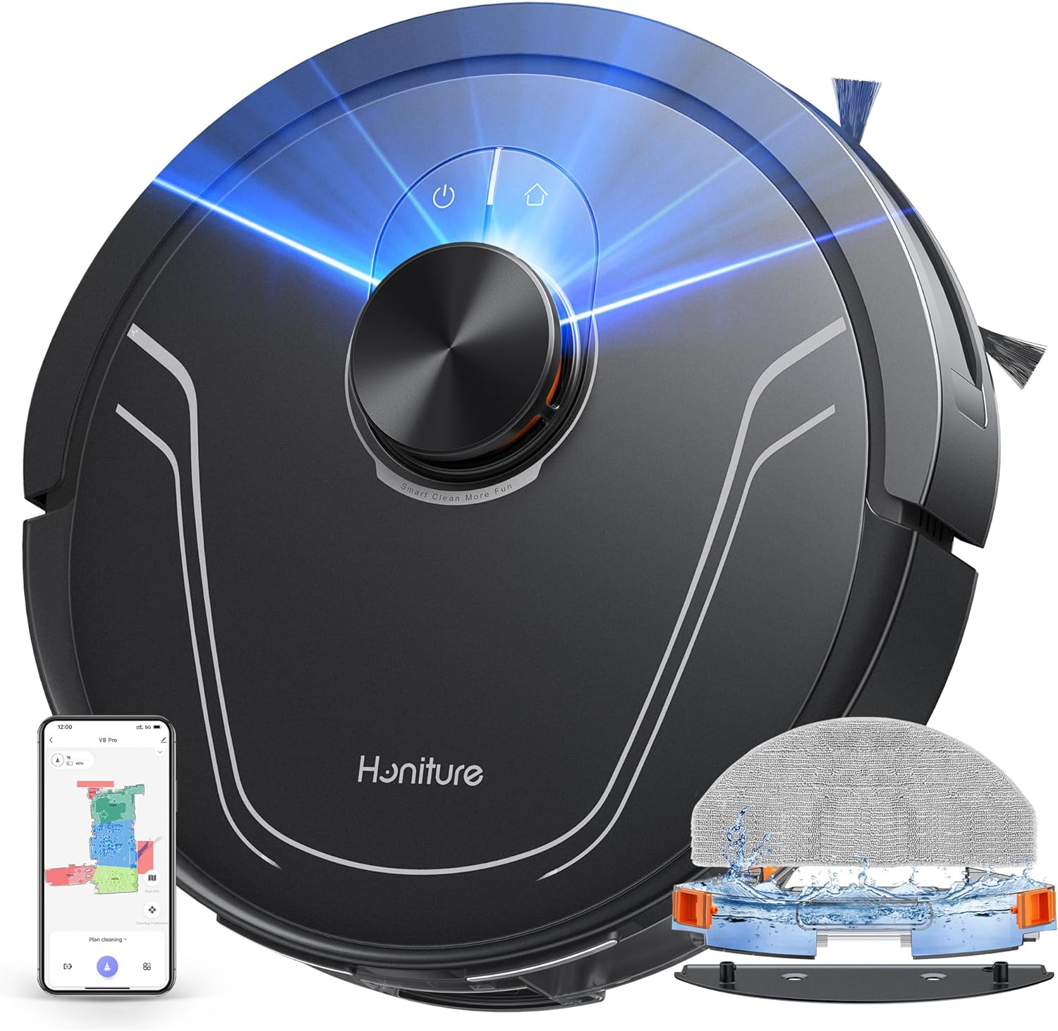 HONITURE Robot Vacuum Cleaner with Mop, 5000Pa Ultra Strong Suction, Lidar Navigation, Multi-floor Mapping, 3-in-1 Robot Hoover, APP/Alexa/WIFI, Ideal for Pet Hair, Carpet and Hard Floors(V8 Pro).