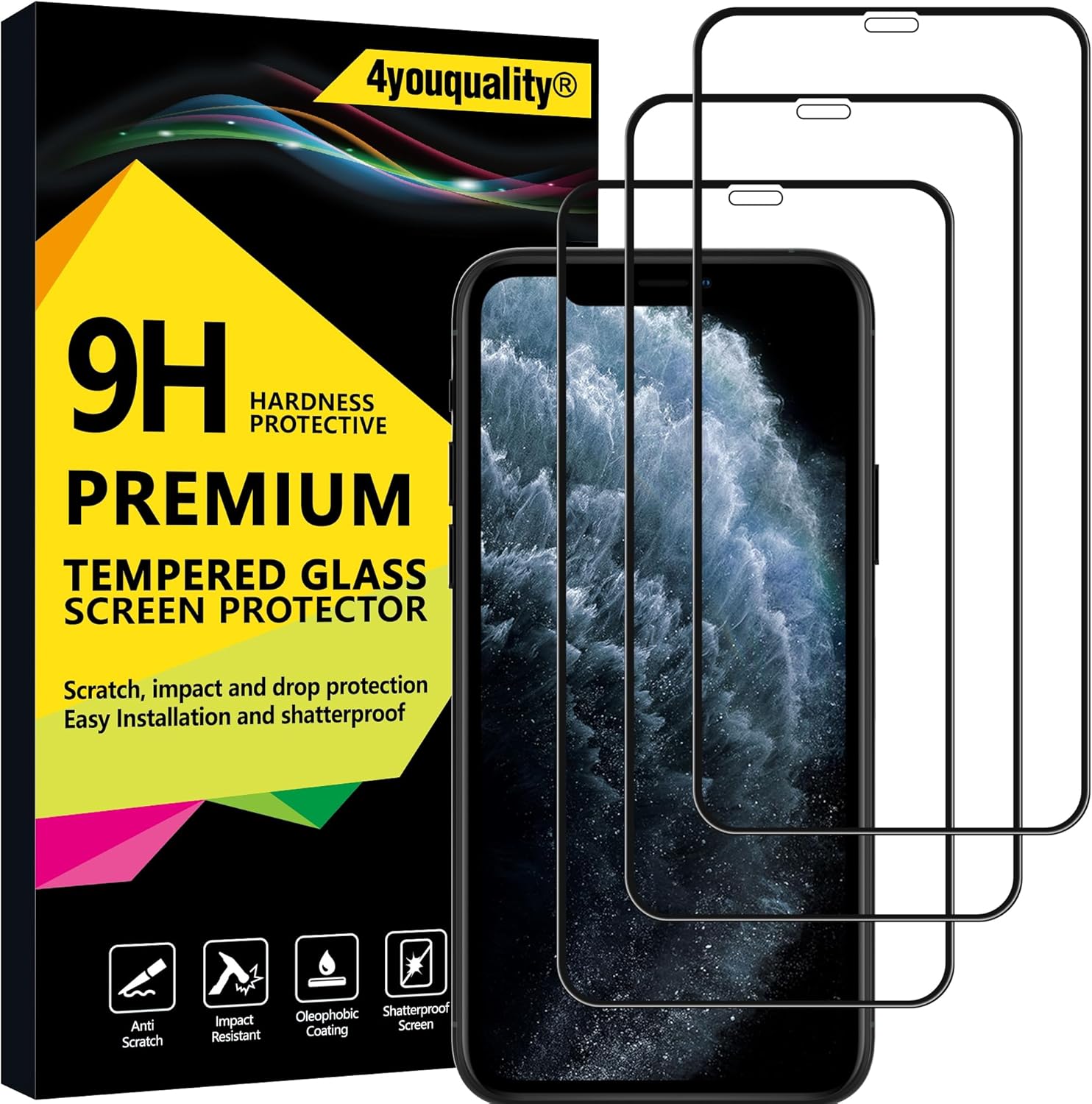 4youquality [3-Pack[Full Coverage] iPhone 11 Pro, iPhone XS and iPhone X Screen Protector, Tempered Glass Film [Full-Coverage][LifetimeSupport] Screen Protector for iPhone X/XS & iPhone 11 Pro.