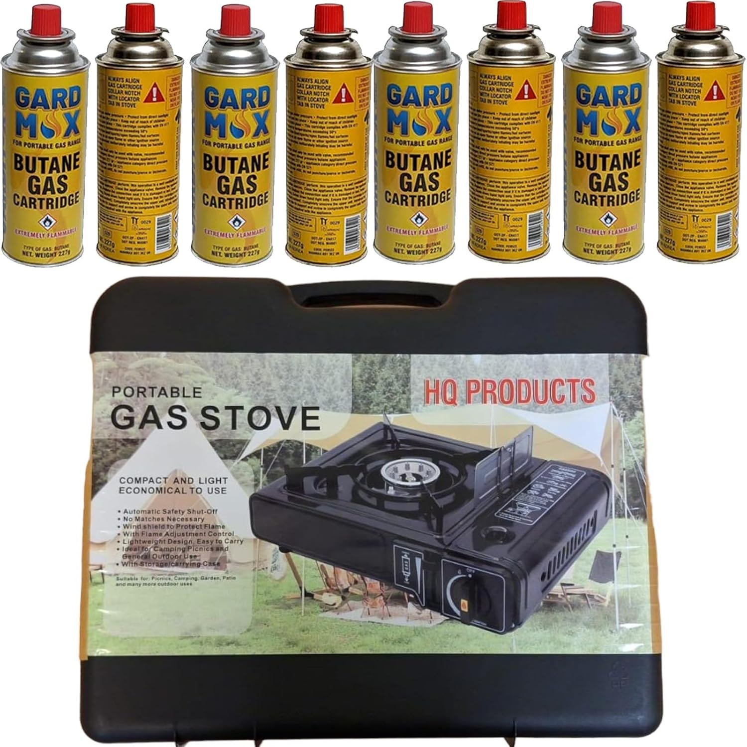 Shopylistic Portable Camping Stove + 4 Butane Gas Canisters | Camping Gas Stove with Cary Case | EN417 Compliant Camping Stove Gas Portable | Gas Camping Stove with Automatic Ignition & Heat Control.