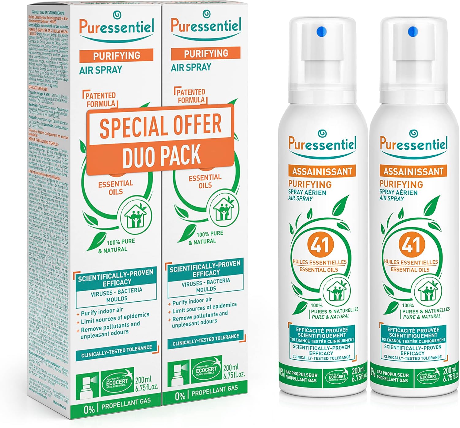 Puressentiel DUO Pack Purifying Air Spray 200 ml – 100% Natural Room Spray – Air Purifier – Air Freshener – Odour Eliminator– Organic Essential Oils – For Your Home, Car & Office – Lasts Over 6 Months.