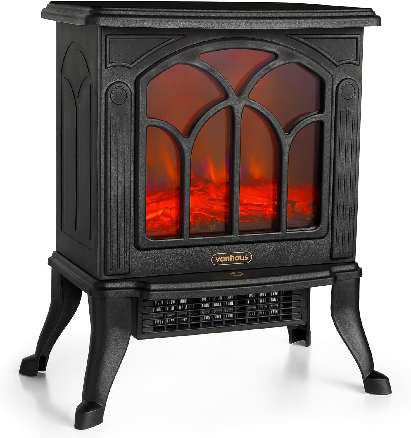 VonHaus Electric Stove Heater 1500W – Electric Fireplace – Indoor Log/Wood Burner Effect, Freestanding Fire, Portable, LED Flame, 2 Heat Settings, Adjustable Thermostat, Black – H45 x W41 x D24cm.