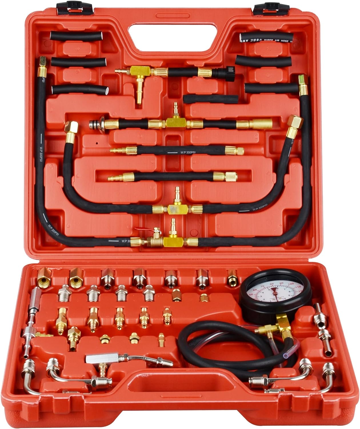 Master Fuel Injection Pressure Tester Kit with Adapters, Fuel Pressure Gauge for Petrol Engine, Dual Scale for 0-140 PSI / 10 Bar.