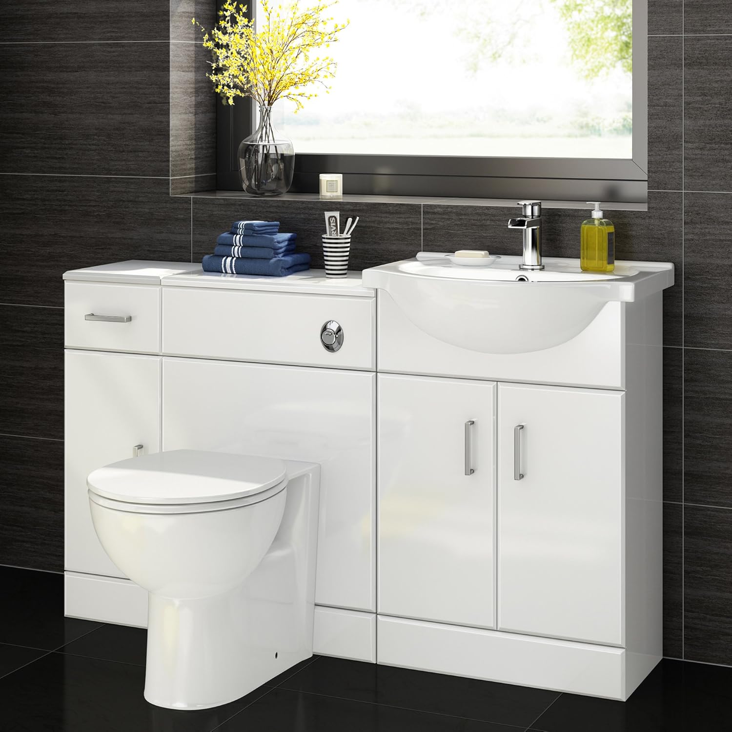 iBathUK 1200 Vanity Unit Furniture Set, Wash Basin, WC,Toilet Pan, Soft Close Toilet Seat, Concealed Cistern, Bathroom Storage Cabinet-Gloss White (Flat Pack).