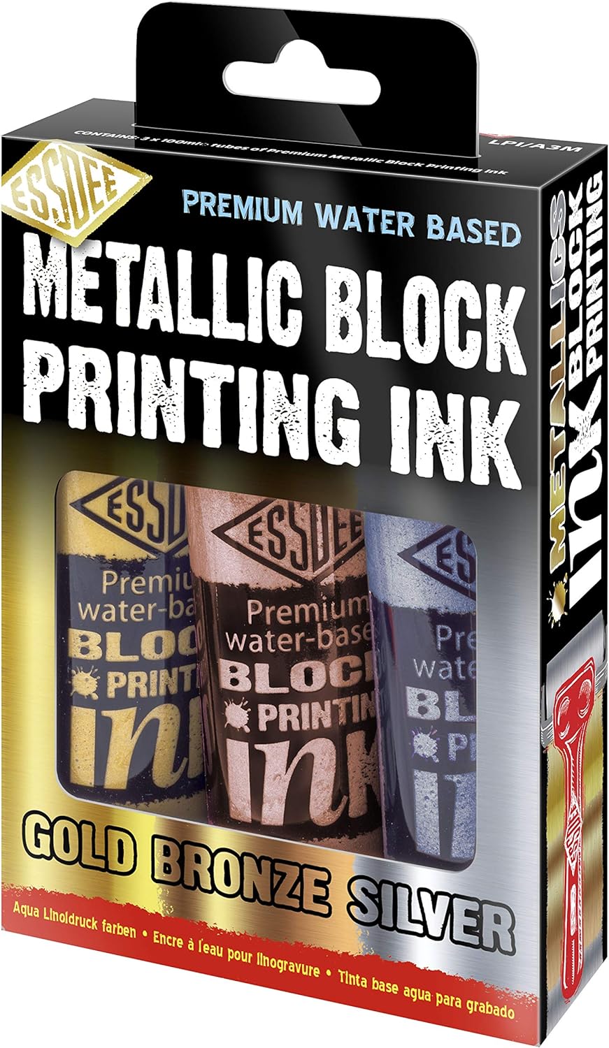 Essdee Metallic Block Printing Ink 3 Pack (Metallic Gold, Silver, Bronze).