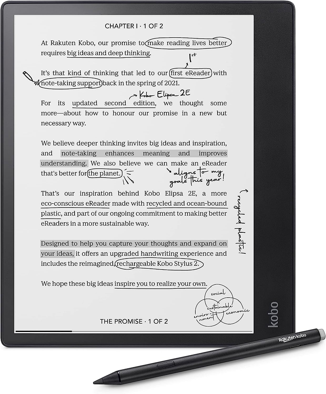 Kobo Elipsa 2E | eReader | 10.3” Glare-Free Touchscreen with ComfortLight PRO | Includes Stylus 2 | Adjustable Brightness | Wi-Fi | Carta E Ink Technology | 32GB of Storage.