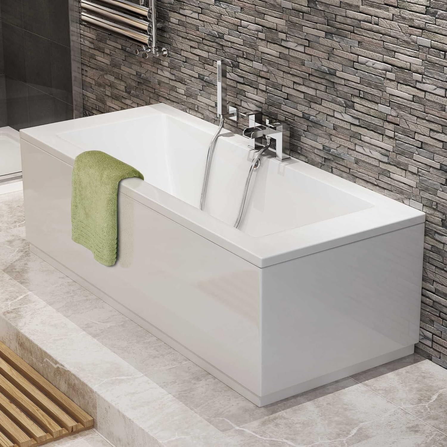 IBathUK Bathroom White Gloss Bath Double Ended Straight Square Acrylic Bathtub with Adjustable Feet - 1700 x 750mm.