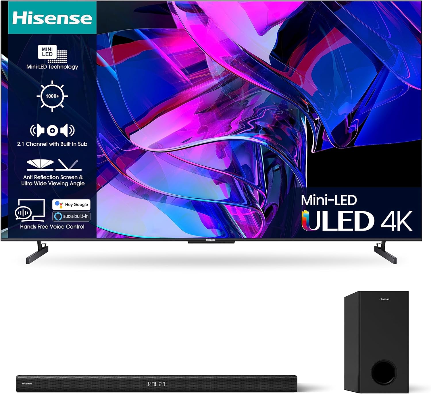 Hisense 144Hz Mini-LED TV U7K and HS218 with 200W Output, Dolby Audio.