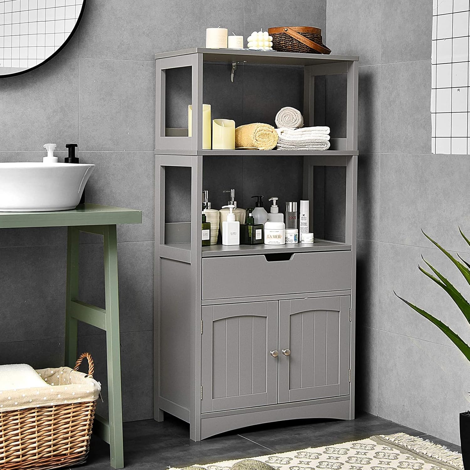 COSTWAY Bathroom Storage Cabinet, Wooden Freestanding Tall Cupboard with Open Shelves, Drawer and Door, Home Kitchen Living Room Hallway Organiser Unit (Grey).