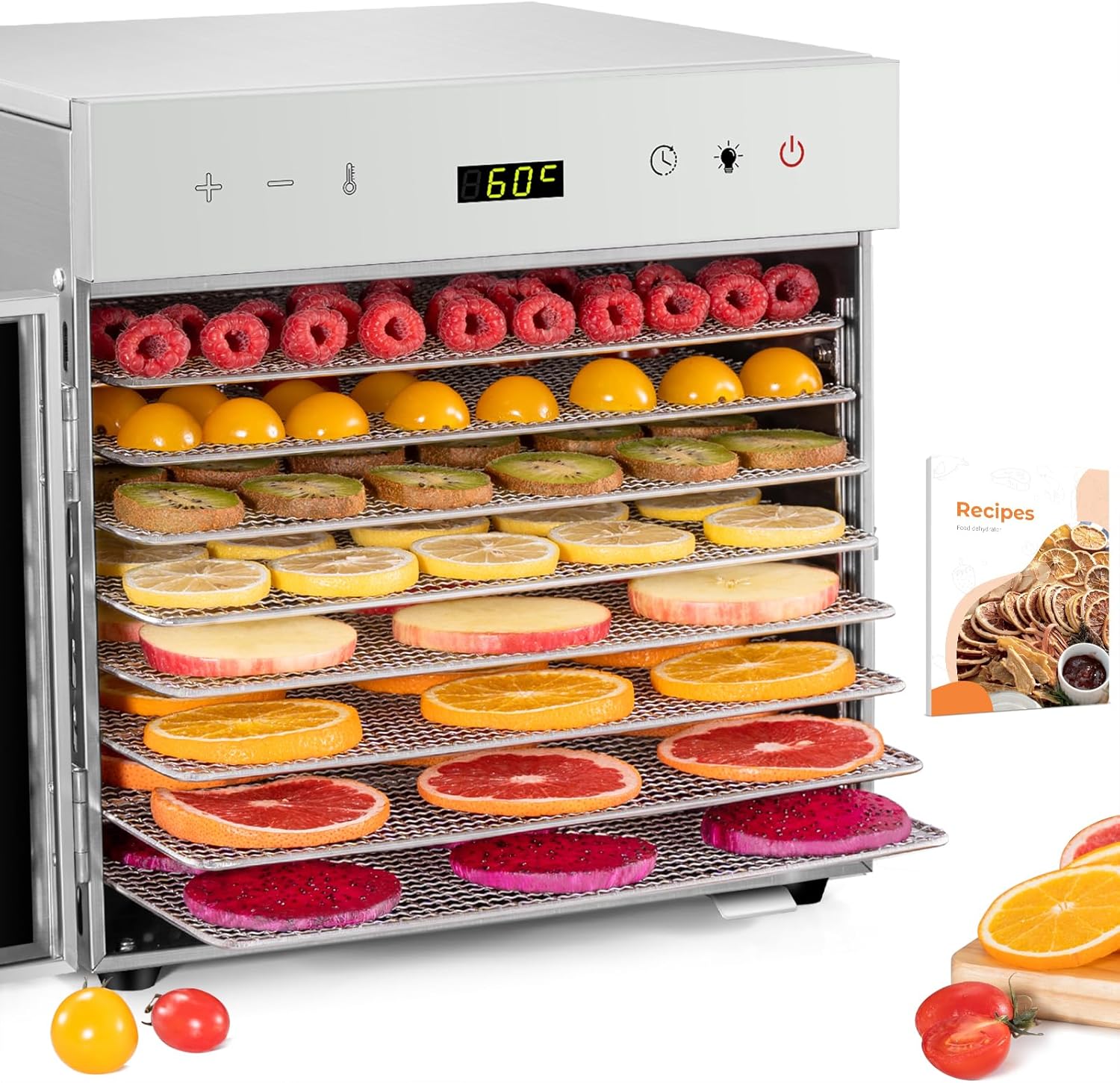 Kwasyo Stainless Steel Food Dehydrator, 8 Tray Fruit Dryer Machine with Free Recipe Book, BPA-Free, 30~90℃ Temperature Setting, Max 24h, Dehydrator Food Dryer UK for Vegetables, Meats.