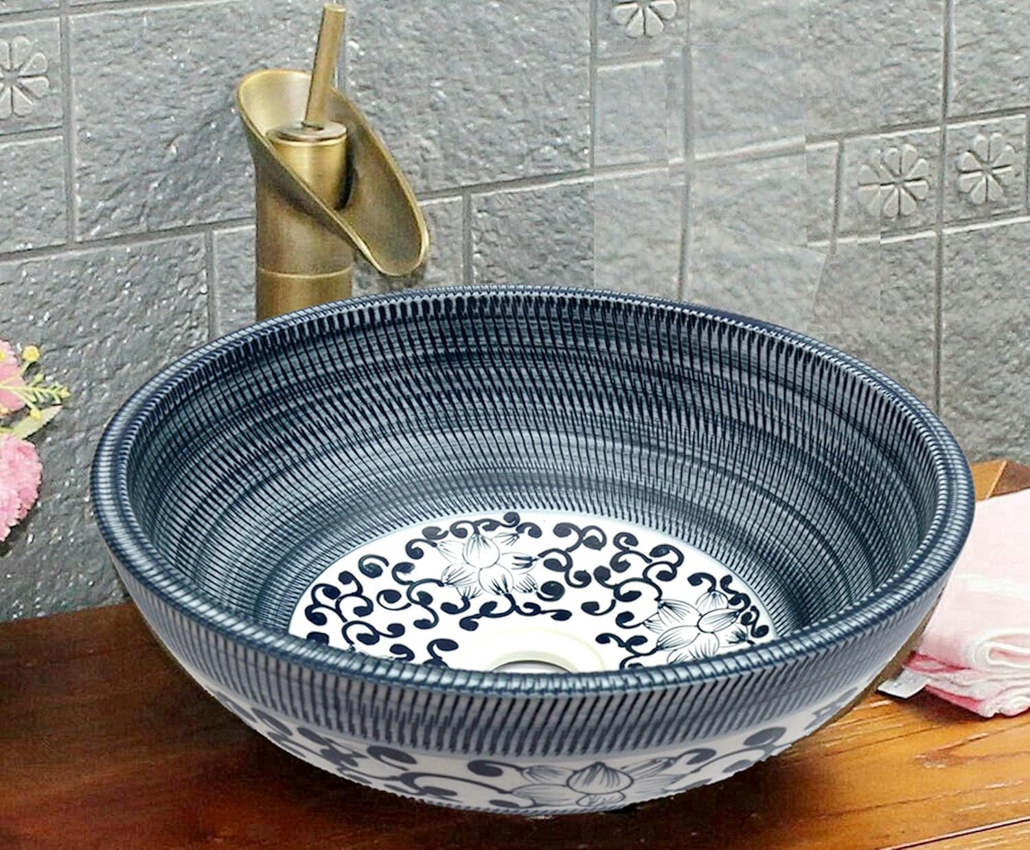 Vintage Kasbah Floral Patterned Vintage Bathroom Cloakroom Round Ceramic Counter Top Basin Sink Washing Bowl Craft Handmade Large Small 40 cm, 35 cm, 30 cm (Small).