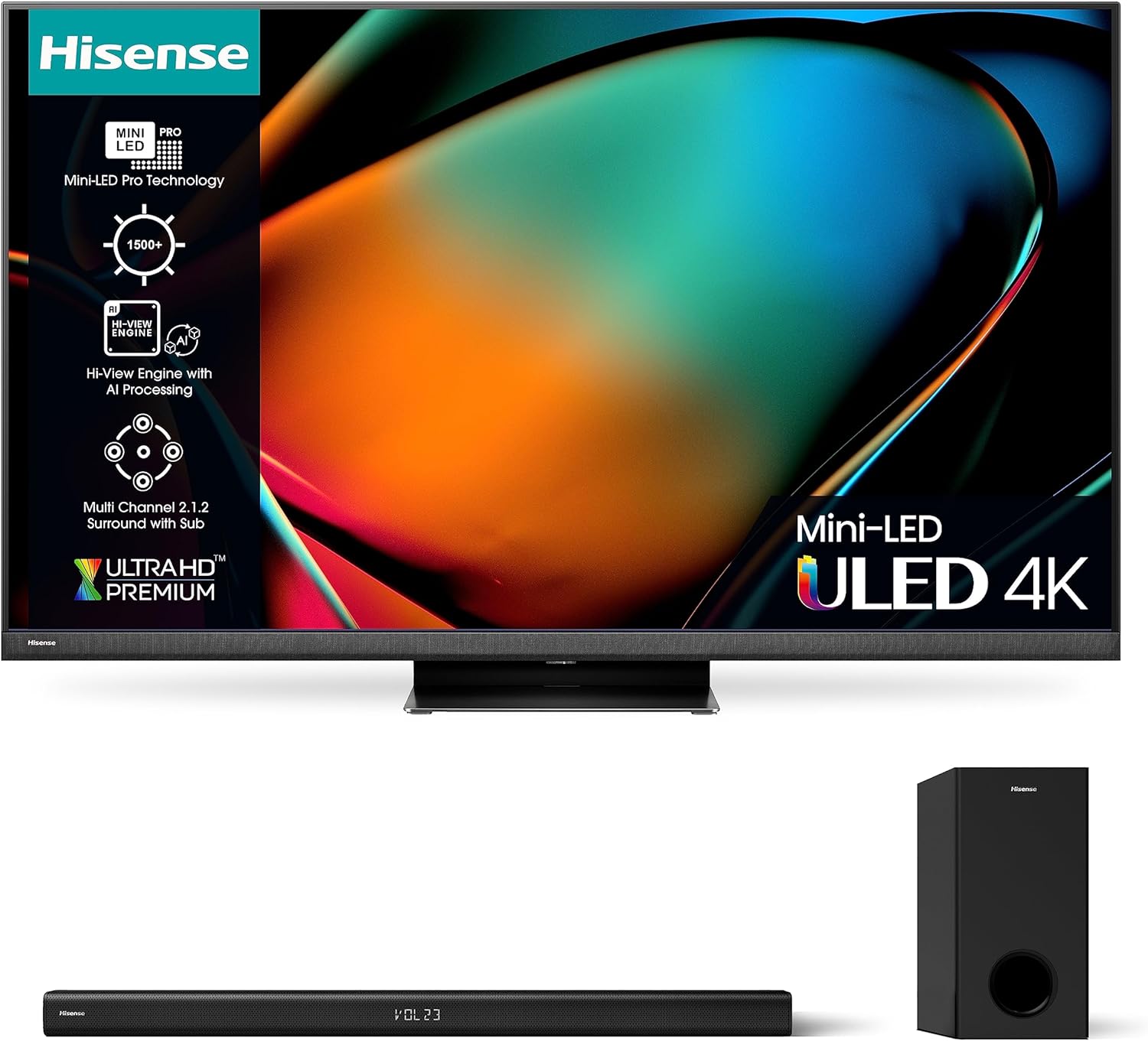 Hisense 4K Mini-LED TV U8K with 1500 Nits Peak Brightness and HS215 with Built-in subwoofer, Dolby Audio.