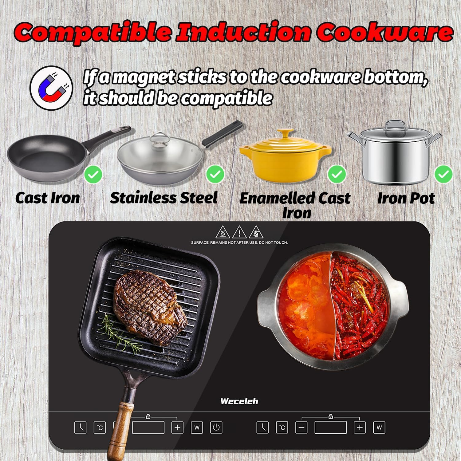 Weceleh Portable Induction Hob Cooker Cooktops Stove Hot Plate Burner Double Dual 2 Two Burner Zone Ring, Plug In Electrical Camping Induction Hobs, 2800W, Auto Shutoff, Timer, Child Lock, Black