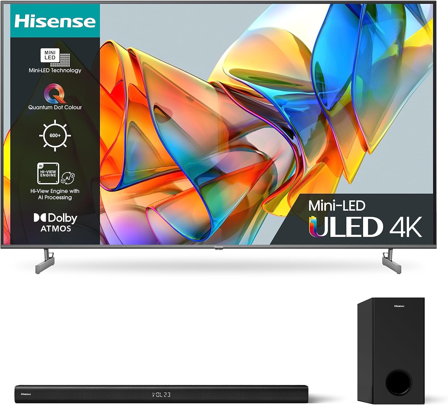 Hisense Mini-LED TV U6K and HS218 with 200W Output, Dolby Audio.