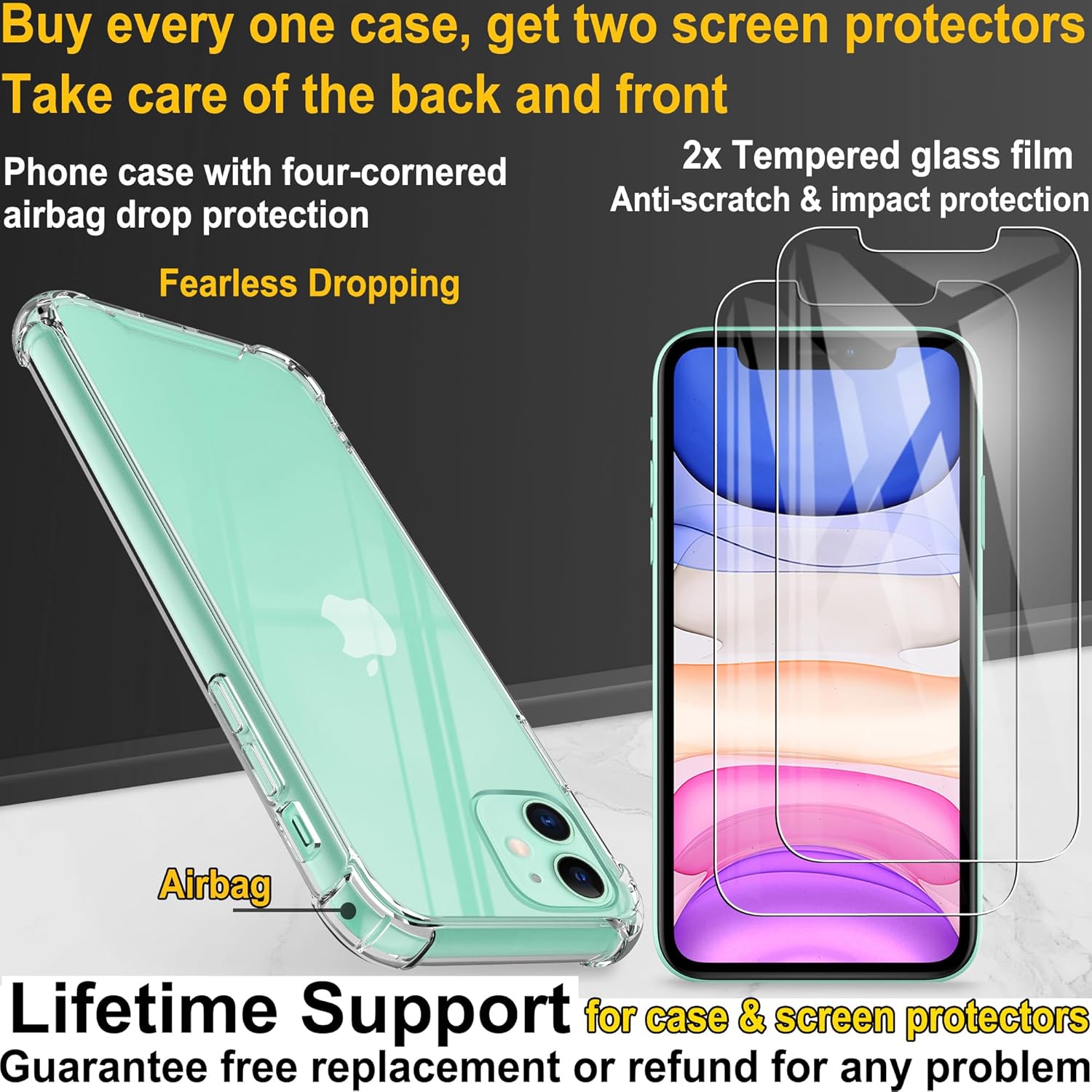 4youquality Case for iPhone 11 Case with [2-Pack Tempered Glass Screen Protectors], Advanced Airbag Drop Protection, Shockproof Transparent Clear Bumper Phone Cover, Anti-Scratch.