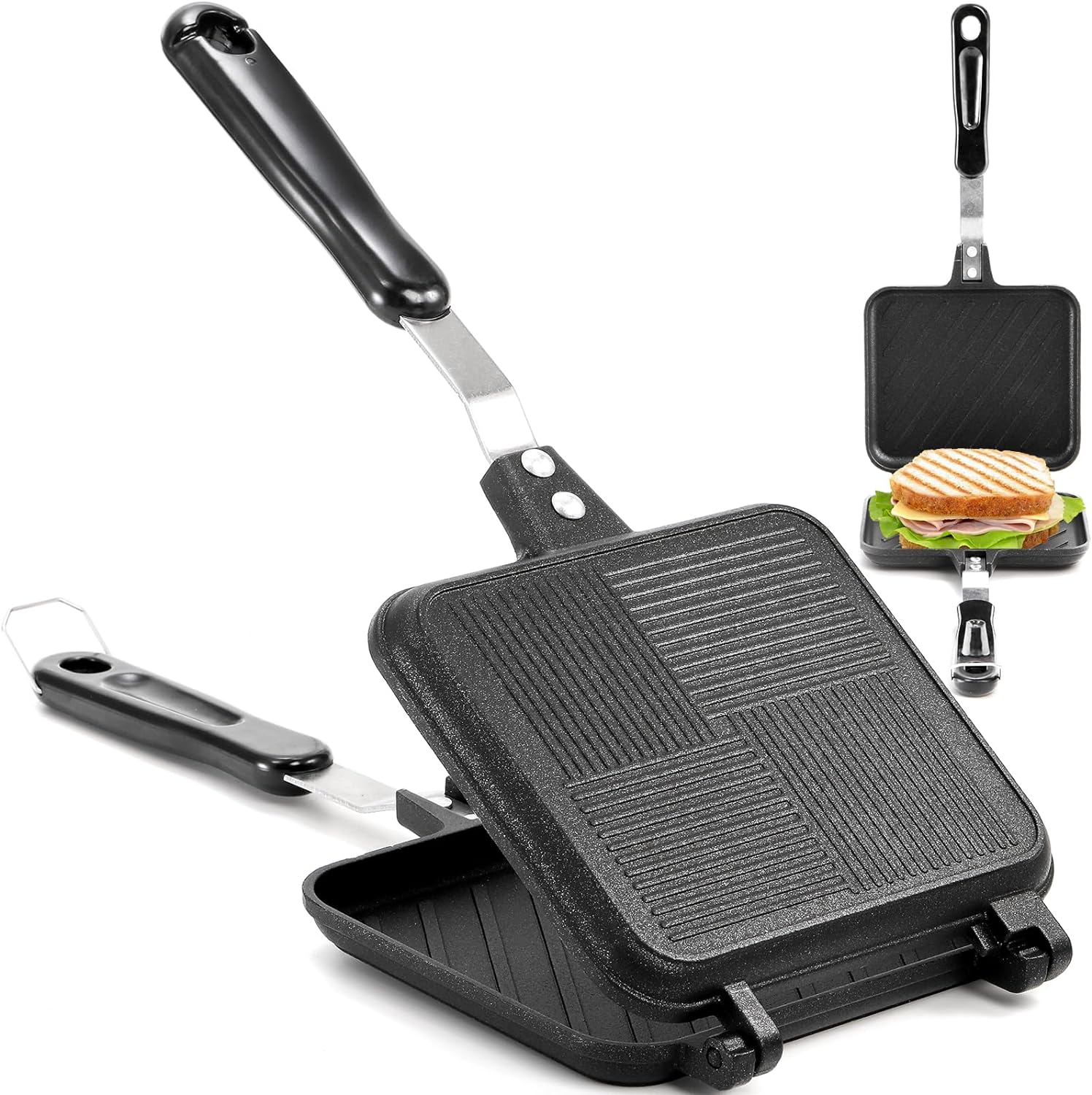 Elsjoy Non-Stick Hot Sandwich Panini Maker with Handle, Aluminum Double Sided Frying Pan Detachable Grilled Sandwich Flip Pan, Stovetop Toasted Sandwich Maker Pan for Home, Kitchen, Breakfast.