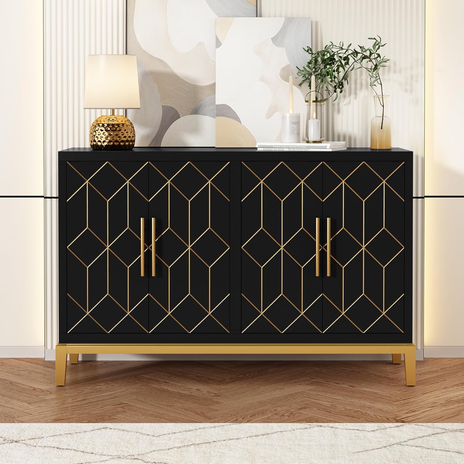 HOLTICO Wooden Kitchen Sideboard, Cabinet Storage Cupboard with 4 Doors, Modern Storage Cabinet with Gold Trim, Buffet Cabinet for Living Room, Kitchen, Dining Room, Hallway, Black.