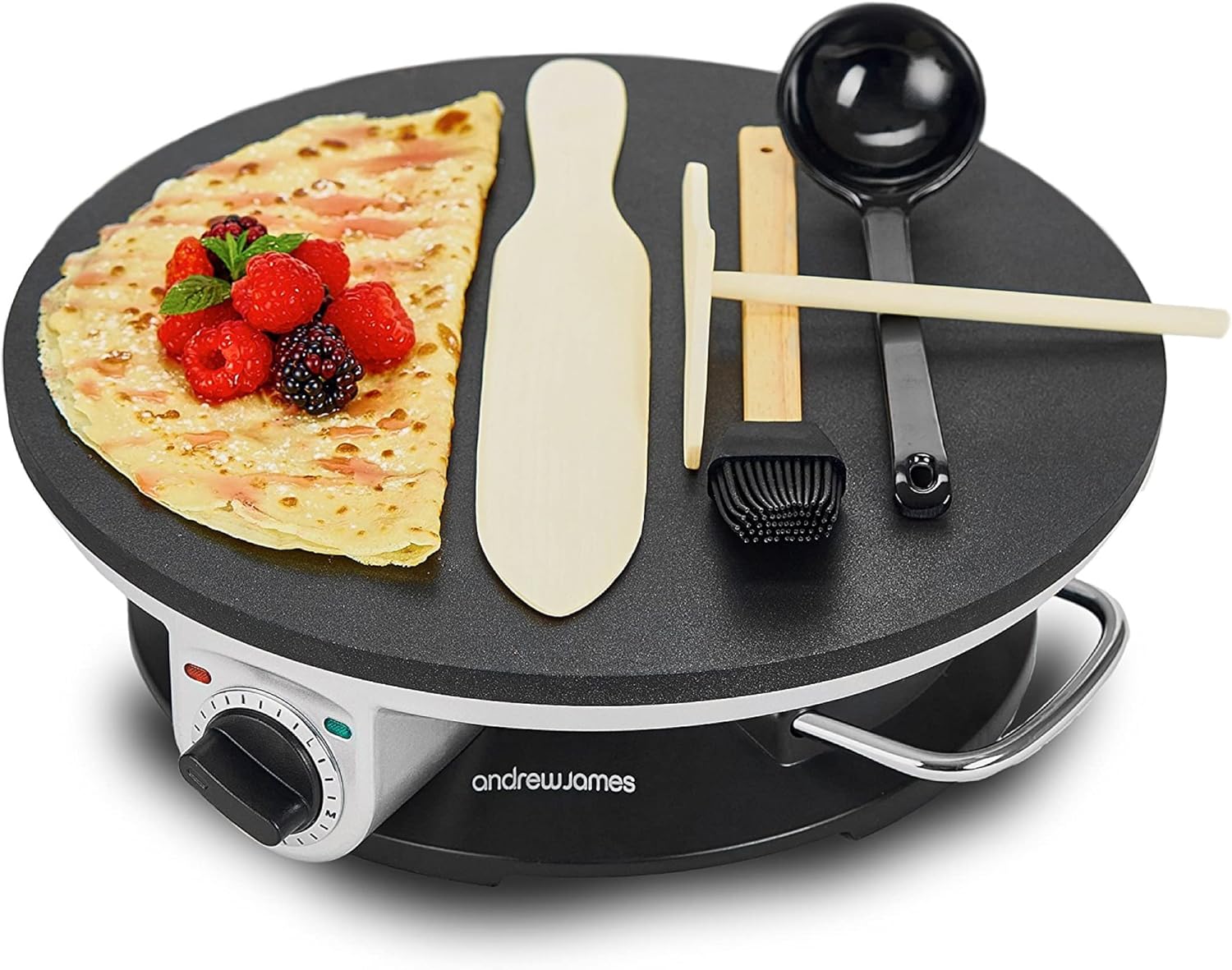 Andrew James Crepe and Pancake Maker | 33cm (13 Inch) Non-Stick Electric Hotplate for Pancakes | Includes Four Crepe Making Tools | 1200W Temperature and Thermostatic Control.