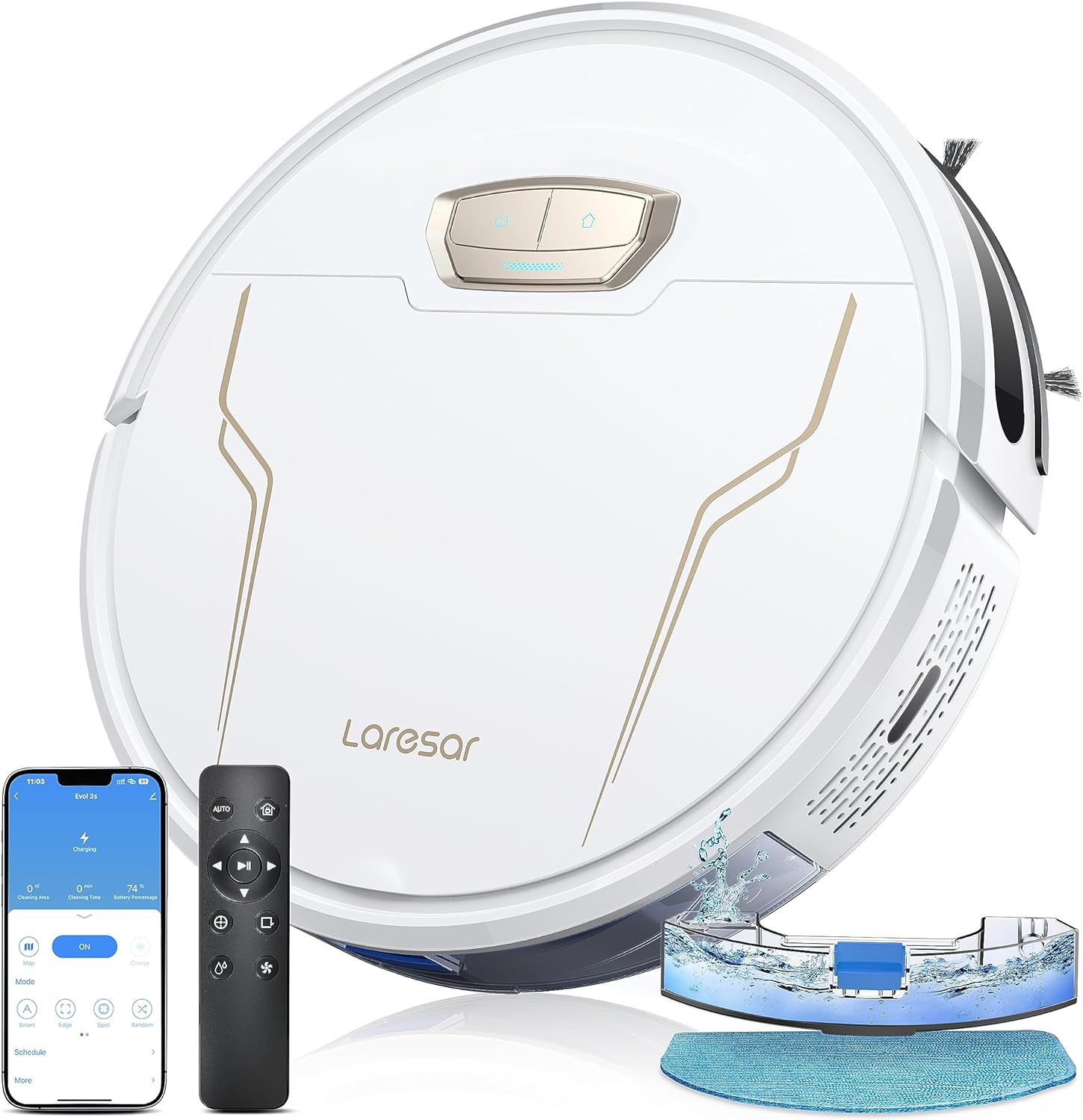 Laresar Robot Vacuum Cleaner with Mop, 4000Pa Robotic Vacuum with Auto Carpet Boost, Ultra Thin Robot Hoover for Pet Hair, Smart App Control, Work with Alexa(Evol 3s), White.