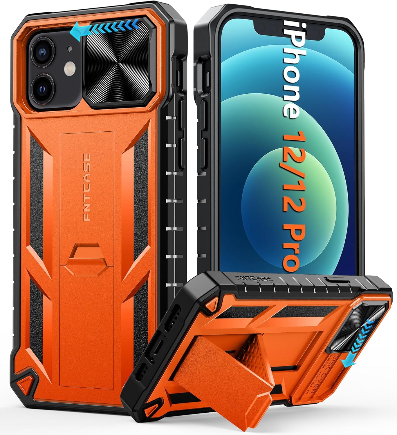 FNTCASE for iPhone 12 Phone Case: Rugged Military Grade Full Protection Shockproof Protective Case with Kickstand | TPU Matte Textured Heavy Duty Hard Bumper Phone Cover for iPhone 12/12 Pro Blue