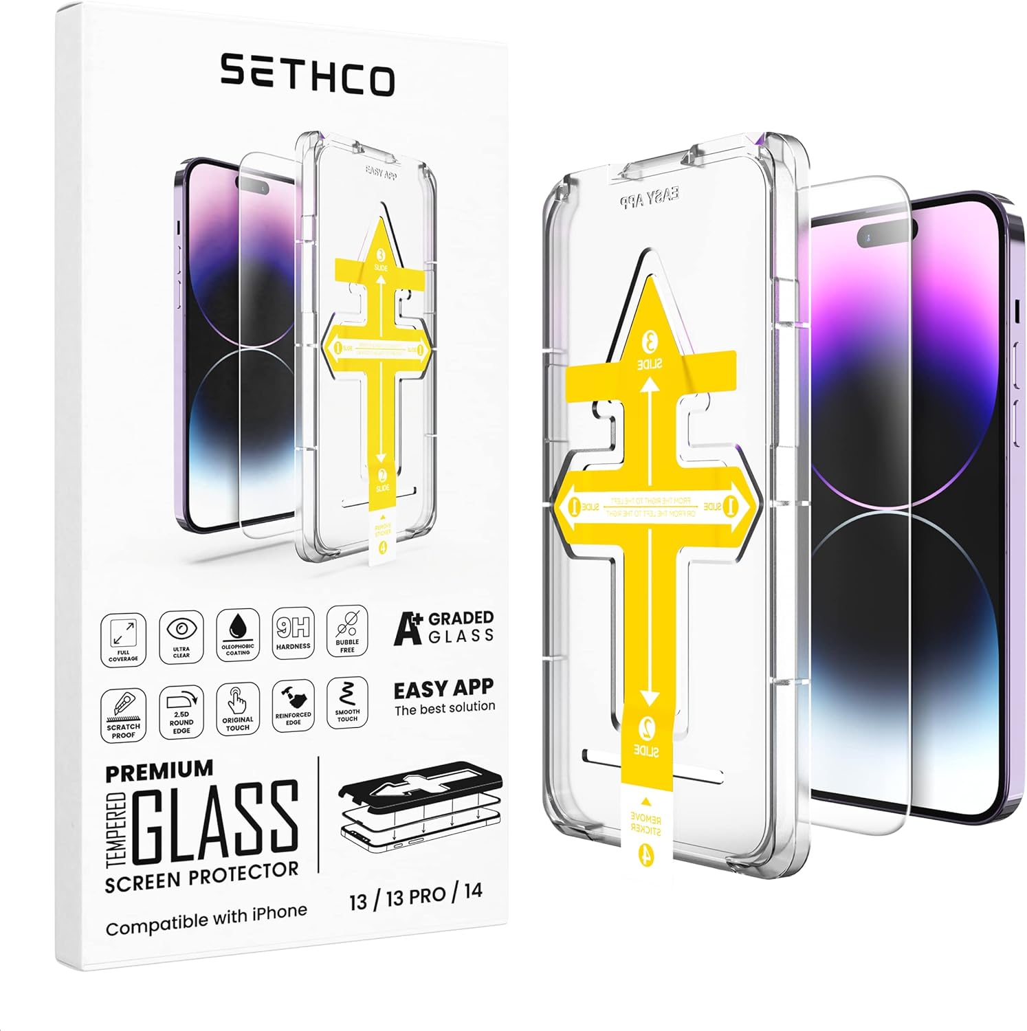 SETHCO Premium Grade A+ Tempered Glass Screen Protector for iPhone 13/13 Pro / 14, Easy App, Ultra Clear, Original Touch, Oleophobic Coating, 2.5D Round Edge, Scratch Proof, Bubble Free.