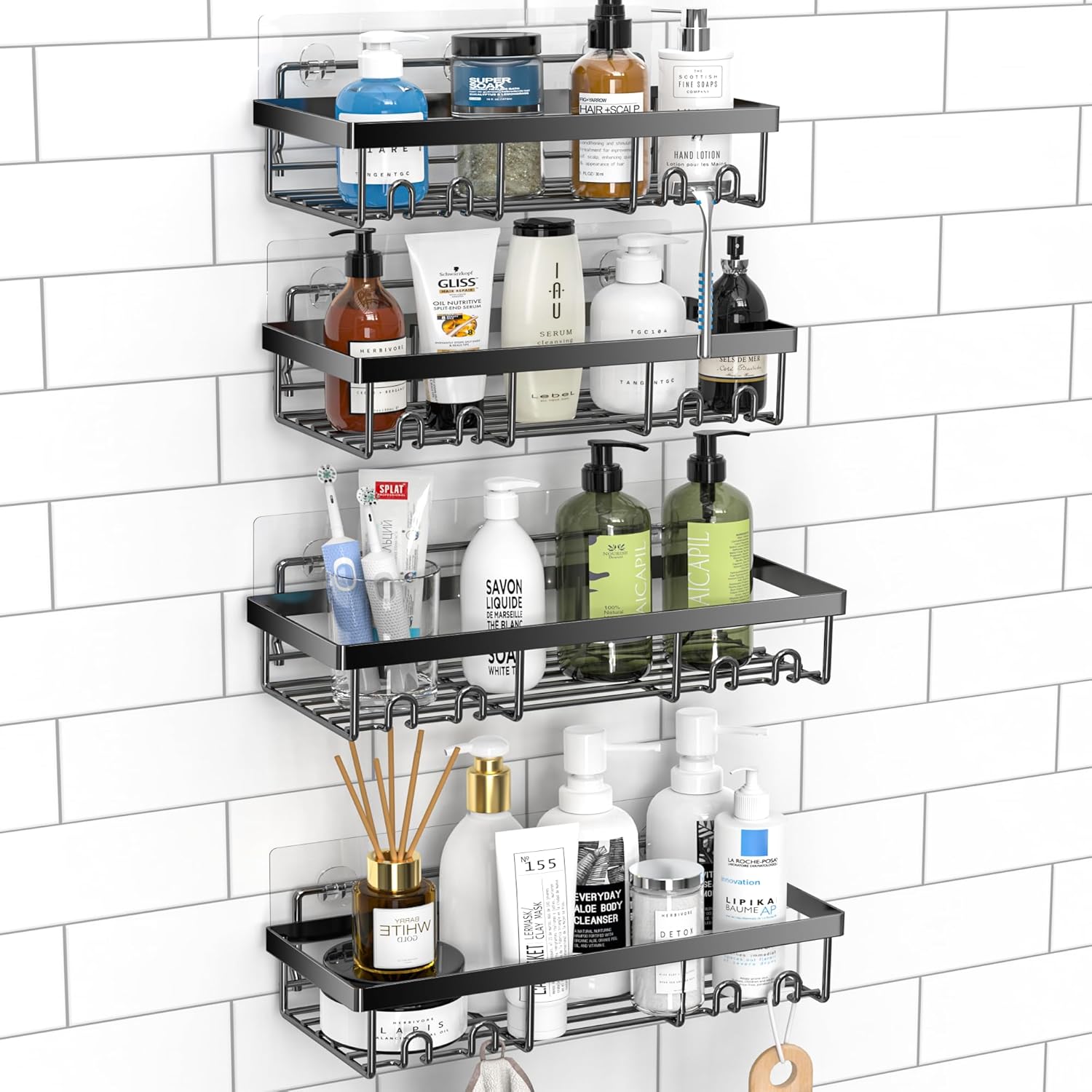 DIFULI Shower Caddy Shelf Organiser 2 Pack, No Drill Black Shower Shelves,Self Adhesive Bathroom Caddy,Shower Storage Accessories,Rust-Free Shower Rack,Wall Mounted Shampoo Holder for Shower.