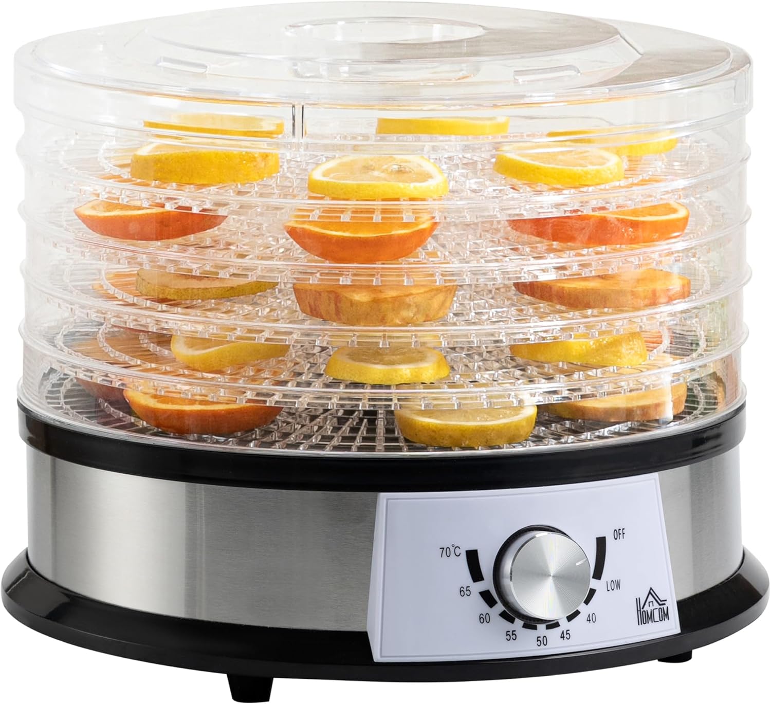 HOMCOM Food Dehydrator Machine, 250W Stainless Steel Food Dryer with 40-70℃ Adjustable Temperature and 5 Removable Trays for Drying Fruit, Meat, Vegetable, Jerky and Pet Treat, Silver.