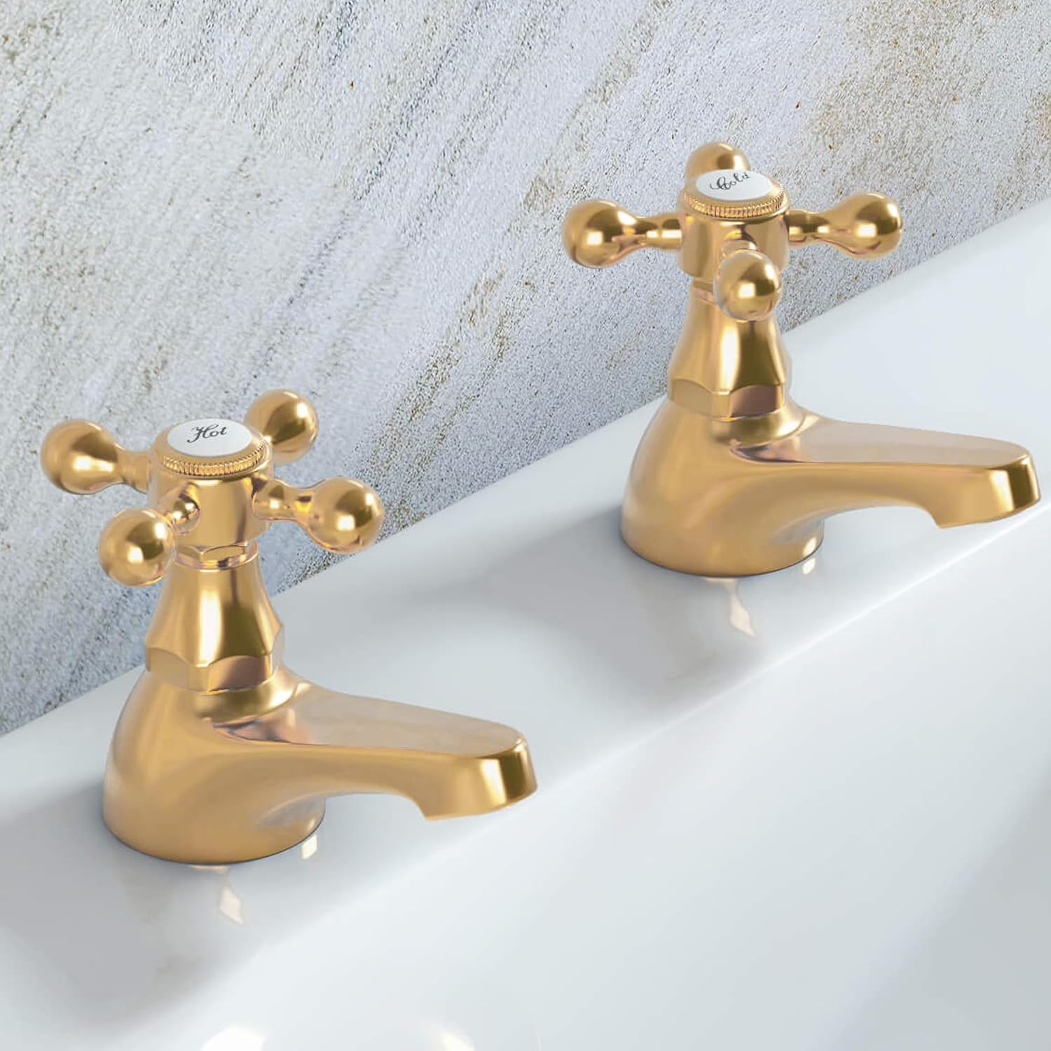 Deva Tudor Gold Bath Taps Traditional Brass Victorian Style Cross Lever Hot & Cold Handle Bathroom Bathtub Faucet Pair TUD02/501 – 12 Year Warranty, Set of 2 Pieces.