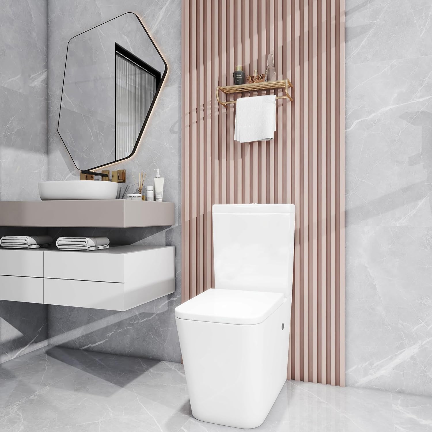 Robanmoa Rimless Close Coupled Toilet WC Back to Wall Comfort Height Toilets White Ceramic WC Pan with Quick Release Soft Close Seat & Cistern Modern Square Bathroom Toilet.