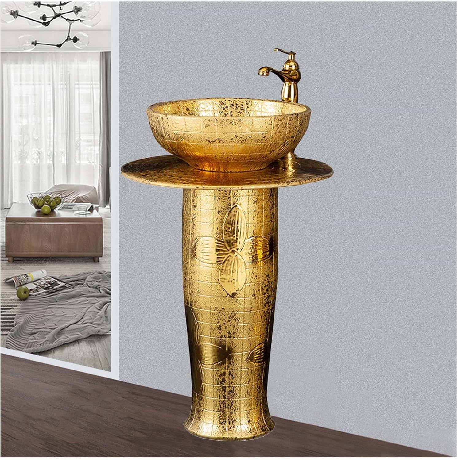 XAoSCd Pedestal Sink 16"X16" Gold Plated Modern Ceramic Bathroom Basin Sink, Kaolin Clay Pedestal Sink Round Freestanding Sink, Scratch and Stain Resistant (Gold Color Without Mirror).