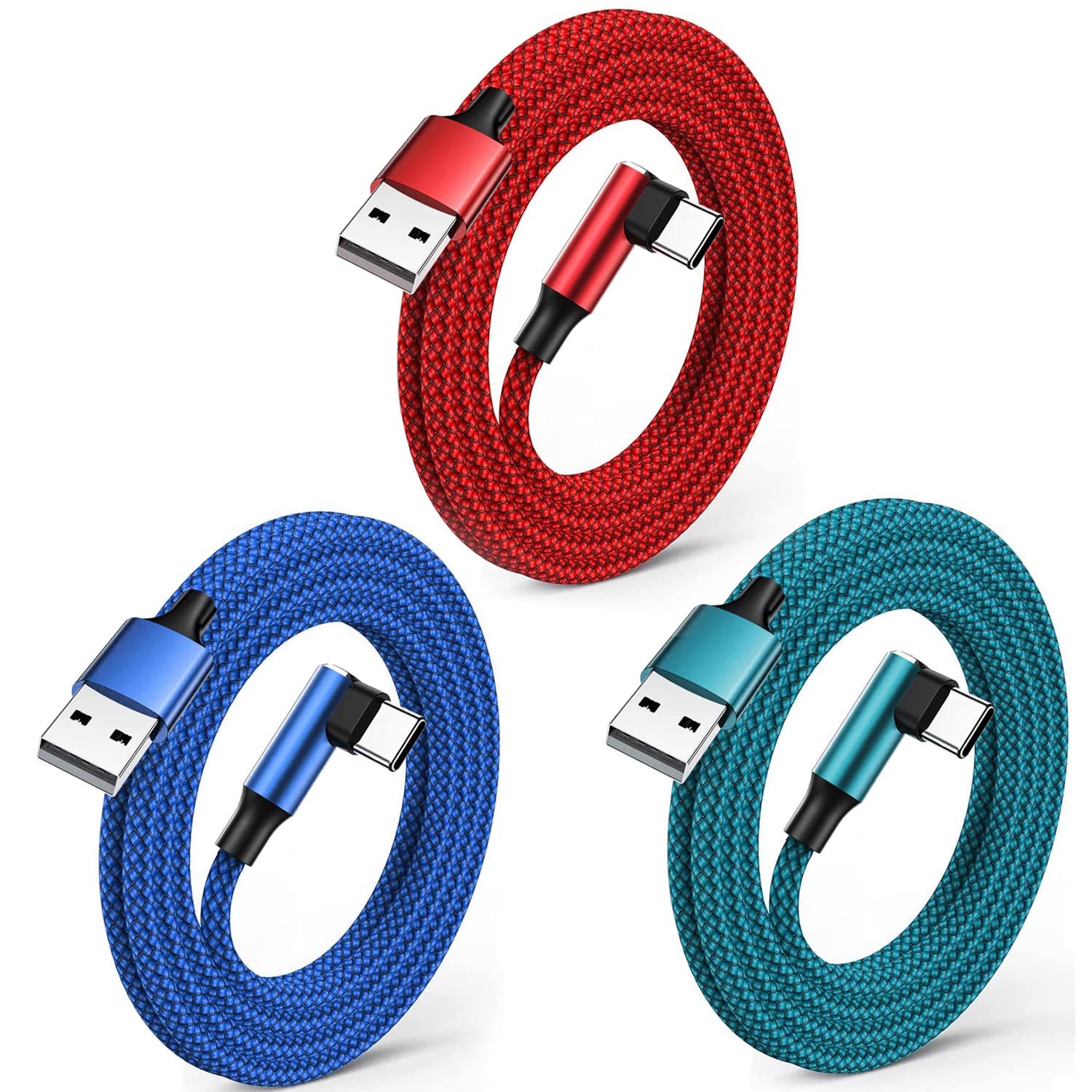 USB C Charger Cable 3Pack 1M+1.8M+3M USB Type C Charger Fast Charging Cable Right Angle USB TO USB C Cable Nylon Braided for Samsung Galaxy S21 S20 S10 S9 Note 10 9 8,Huawei P40 P30 P20,Google Pixel.