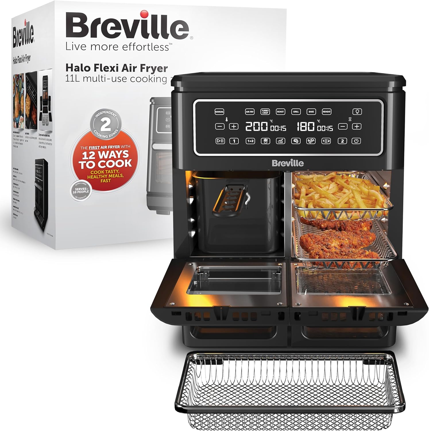 Breville Halo Flexi Air Fryer & Large Mesh Tray, Digital Dual Air Fryer Oven, 11L: Serves 10+, Fry, Bake, Grill, Roast & Reheat, 2400 W, Save £65 a Year on Energy Bills*, Black [VDF138]         Import  Single ASIN  Import  Multiple ASIN    ×Product custom.