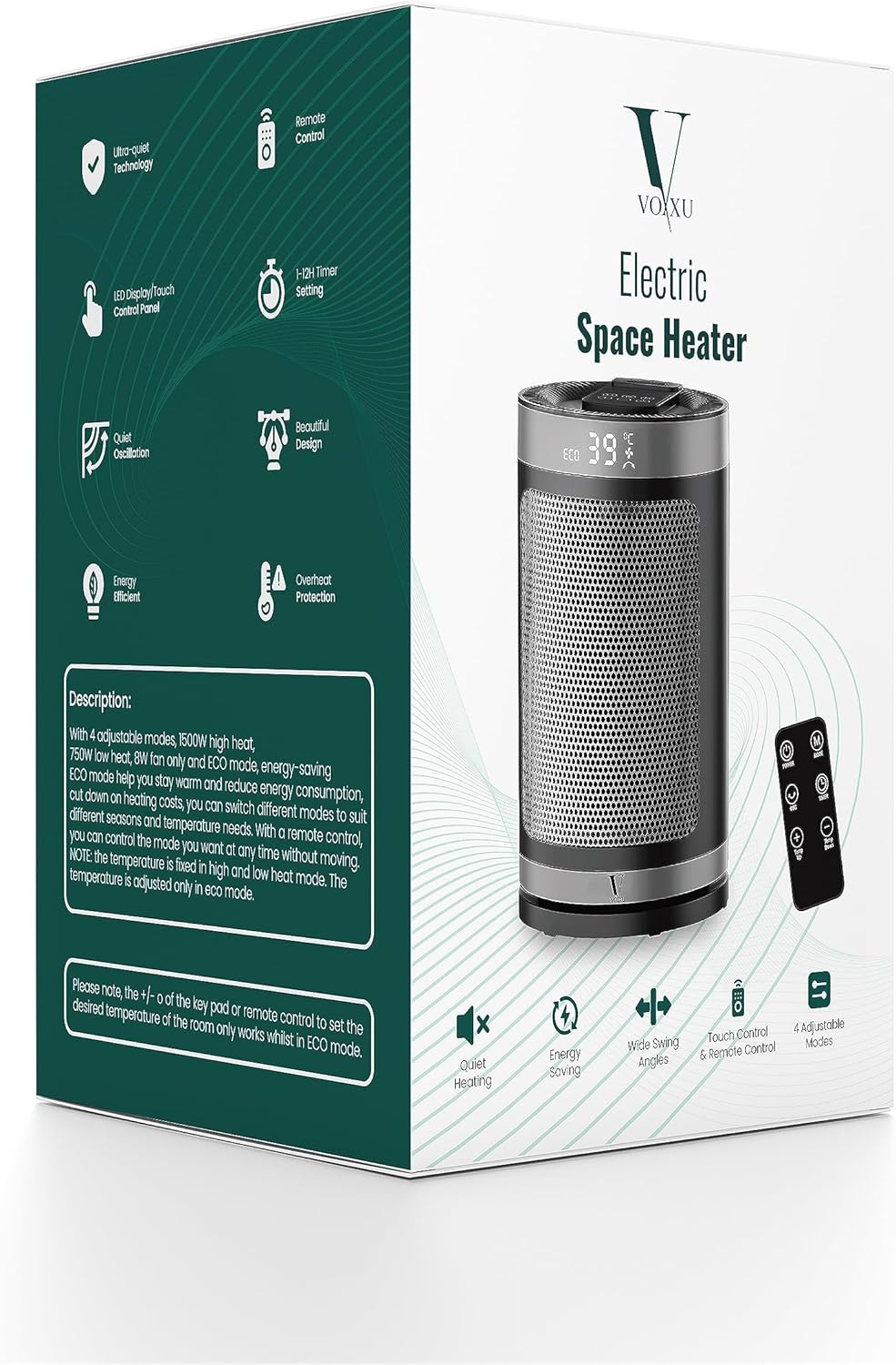 VOXXU Powerful Space Heater with Remote & LED Display – Energy Efficient PTC Ceramic Heater with 120° Oscillation | Electric Heaters for Home with Tip Over & Overheat Protection, &, 1-12HR Timer.