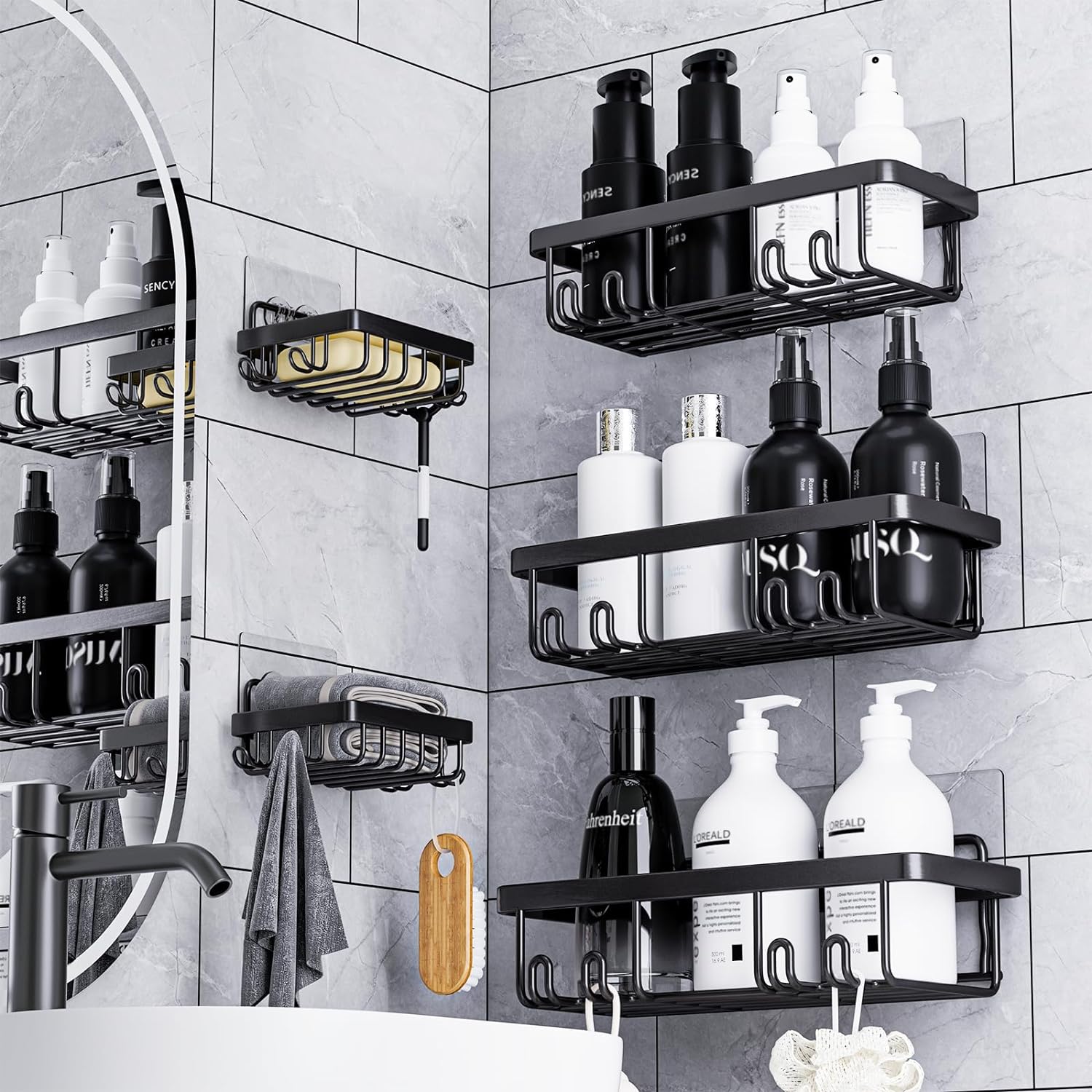 Fadun Shower Caddy 5 Pack Shower Rack No Drilling Bathroom Shelves with Soap Dish Adhesive Shower Organiser-Black.