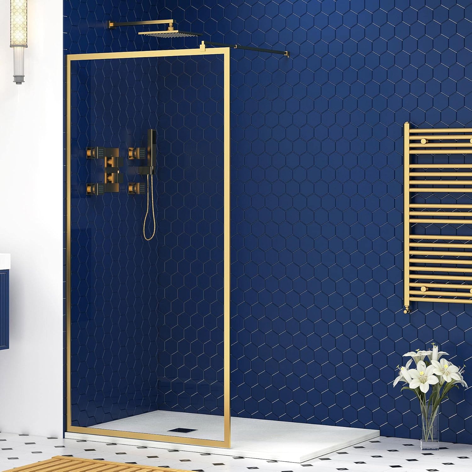 8mm Luxor 1000mm Walk in Wet Room Shower Screen with Brushed Brass Frame - Easy Clean Glass.