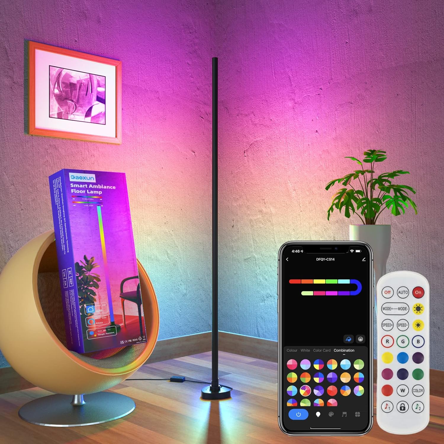 Gaoxun Smart LED Floor Lamp, RGBW Corner Floor Lamp with Remote, Wi-Fi App Control, Dimmable, Music Sync, Timer, DIY Modes, Color Changing Mood Lighting for Christmas, Living Room, Bedroom 120cm.