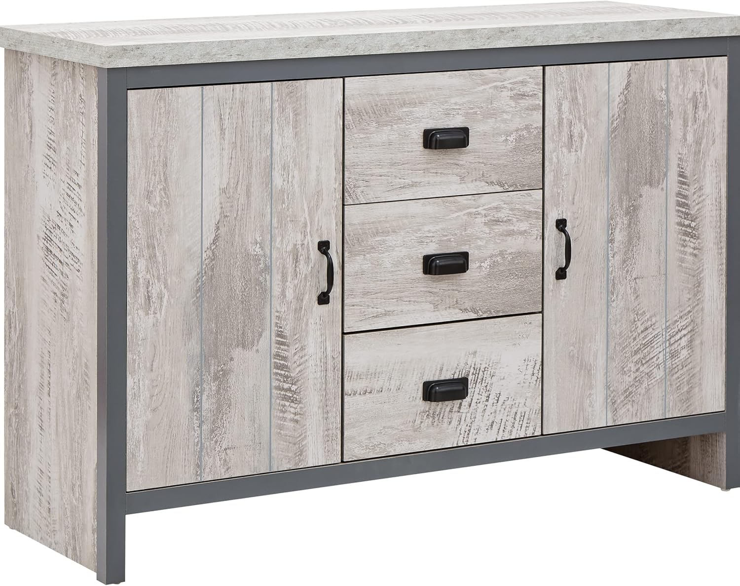 GFW Boston Sideboard Unit With 3 Storage Drawers & 2 Door Storage Cabinets & Adjustable shelves, Contemporary Grey Wooden Oak Sideboards For Living room, Kitchen, Bathroom, 113W x 39D x 74.6H cm.