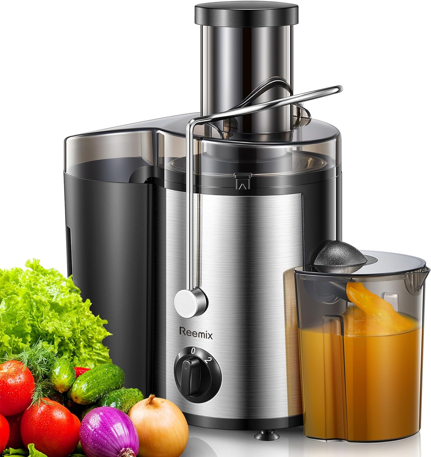 Juicer, Reemix Centrifugal Juicer Machines Whole Fruit and Vegetable 500W, 3-inch Wide Mouth Juicer Extractor with 2 Speeds, Brush Included Easy to Clean (500, Watts).