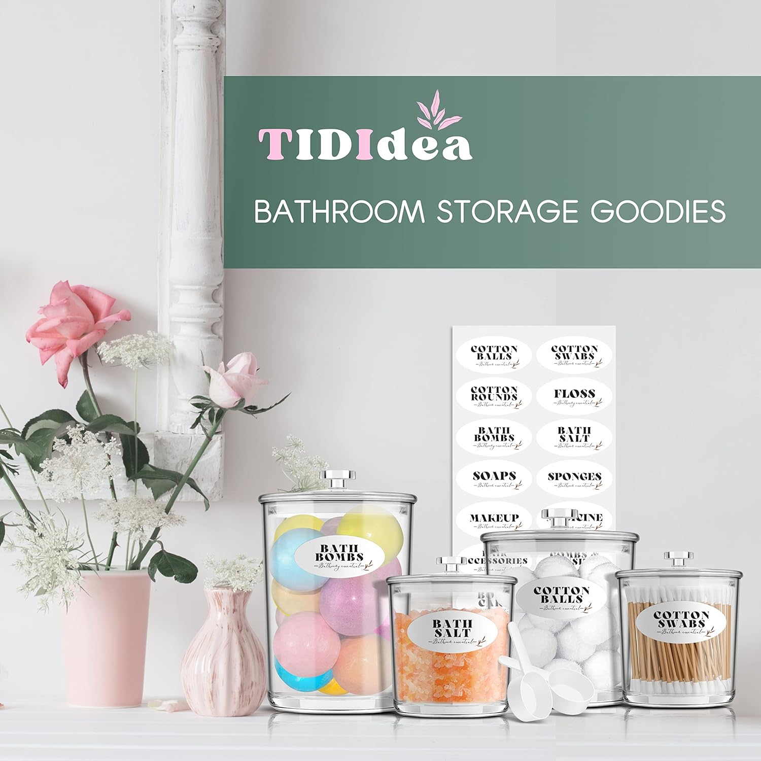 TIDIdea 4-Pack Bathroom Storage Containers for Bath Salt, Bath Bombs, Cotton Buds/Balls/Pads - Acrylic Apothecary Jars for Bathroom Decor - Ideal Organizer Storage Accessories.