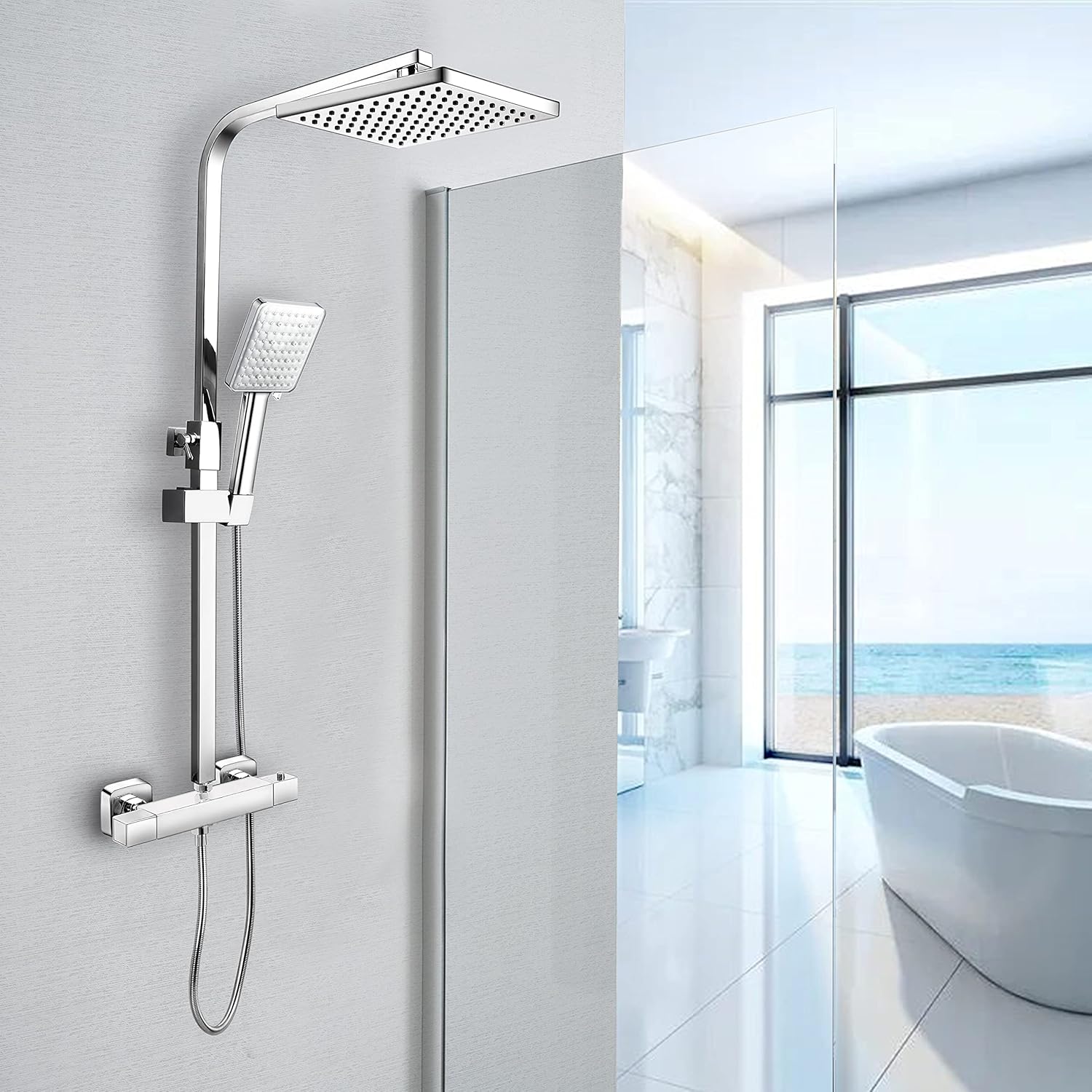 Ronvie Shower System Thermostatic Set, Chrome Shower Riser Rail Mixer with Adjustable Rainfall Shower Head, Scalding Protection Shower Tap, Anti-Kink Shower Pipe.