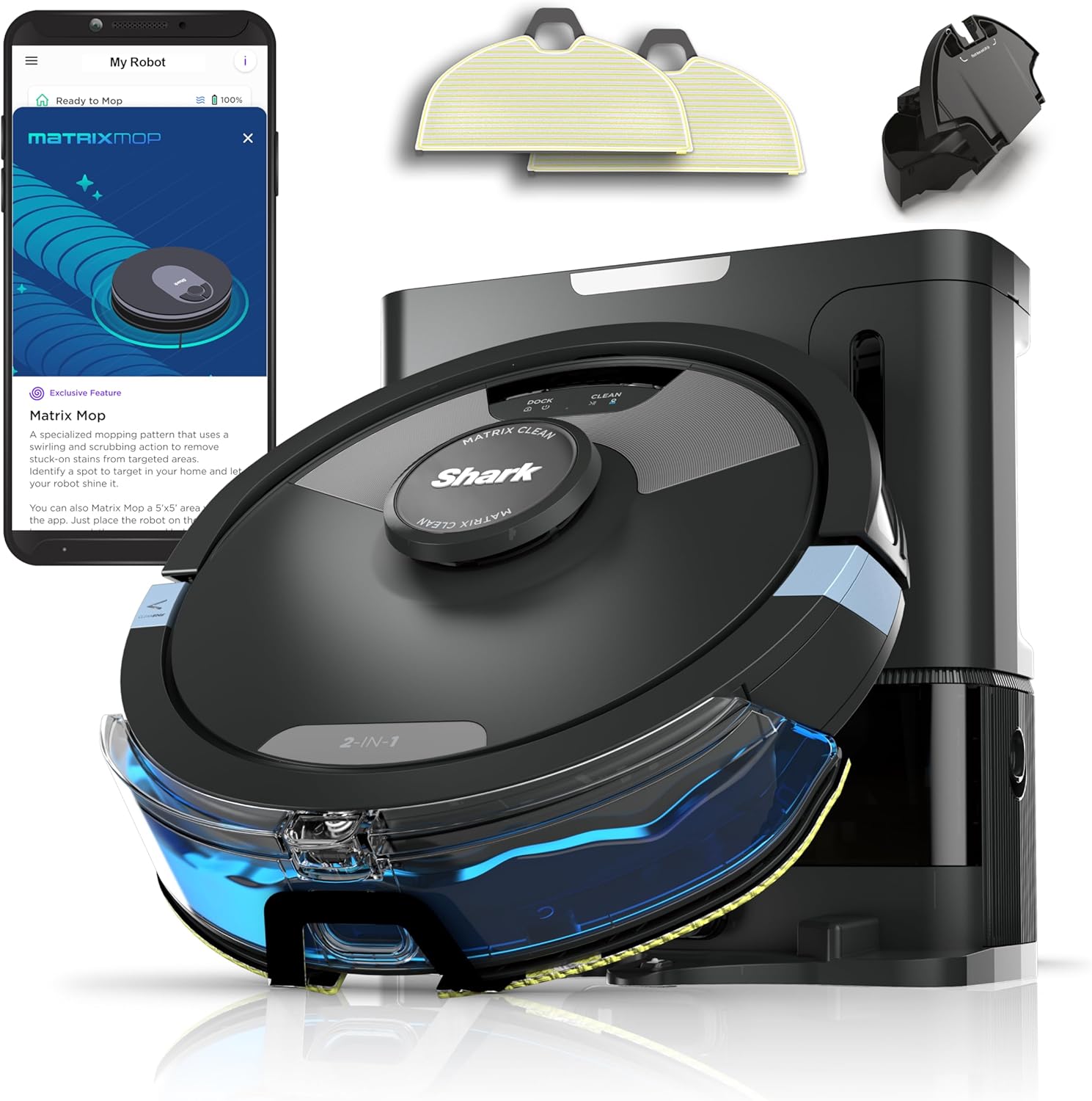 Shark Matrix Plus 2-in-1 Self-Empty Robot Vacuum Cleaner & Mop with LiDAR Home Mapping & Edge Cleaning, for Carpet, Hard Floors & Pet Hair, Anti-Allergen, Self-Charging, WiFi/App/Alexa, Black.