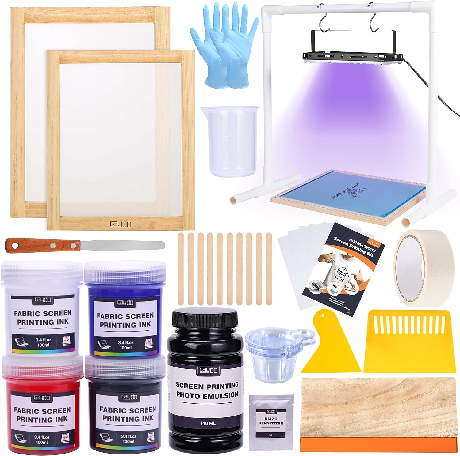 Caydo 46 Pieces Screen Printing Kit with 4 Color Fabric Ink, LED UV Exposure Lamp, Photo Emulsion, 2 Size Screen Printing Frame and Squeegees for Screen Printing.