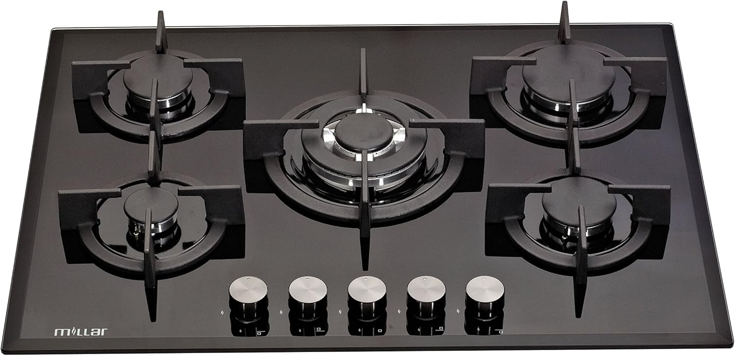 Millar GH7051PB Black Tempered Glass Hob Cooktop with 5 Gas Burners (70 cm).