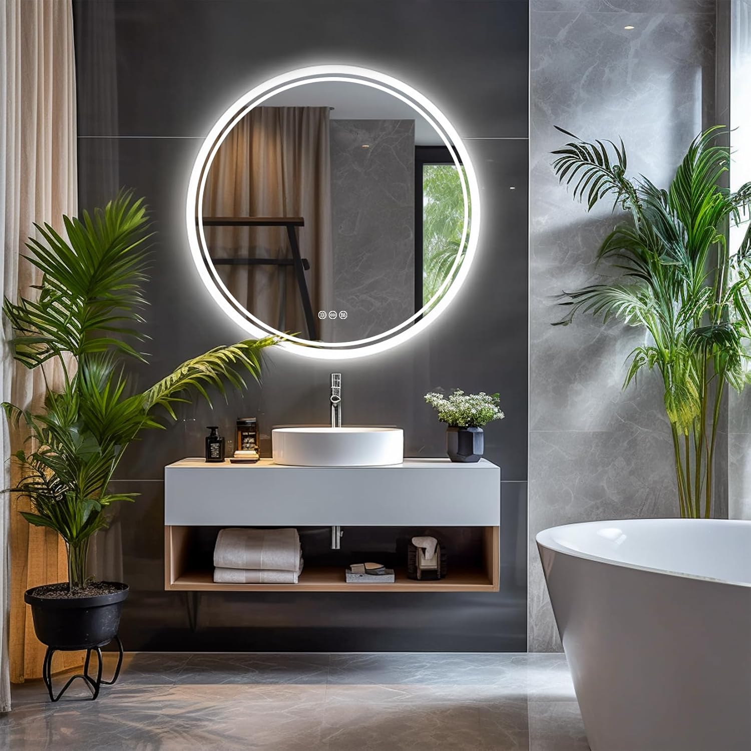 LUVODI LED Bathroom Mirror Round: 600mm Illuminated Dimmable Backlit Lighted Wall Circle Vanity Mirror with Demister Pad + Smart Touch Button Makeup Shaving Mirror.