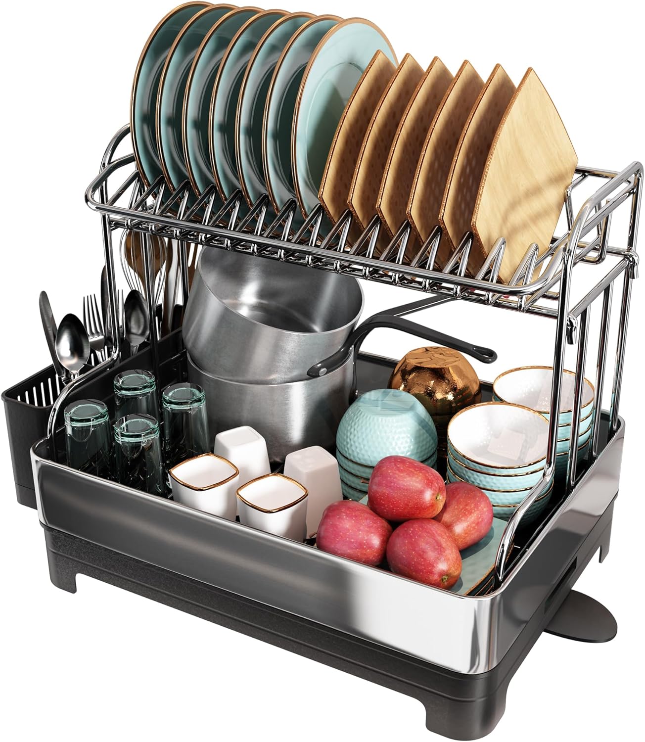 romision 2 Tier Dish Drying Rack, Large Dish Rack with 360° Swivel Spout, 304 Stainless Steel Dish Drainer Rack, Draining Board Rack for Kitchen Counter with Utensil Holder, Silver.