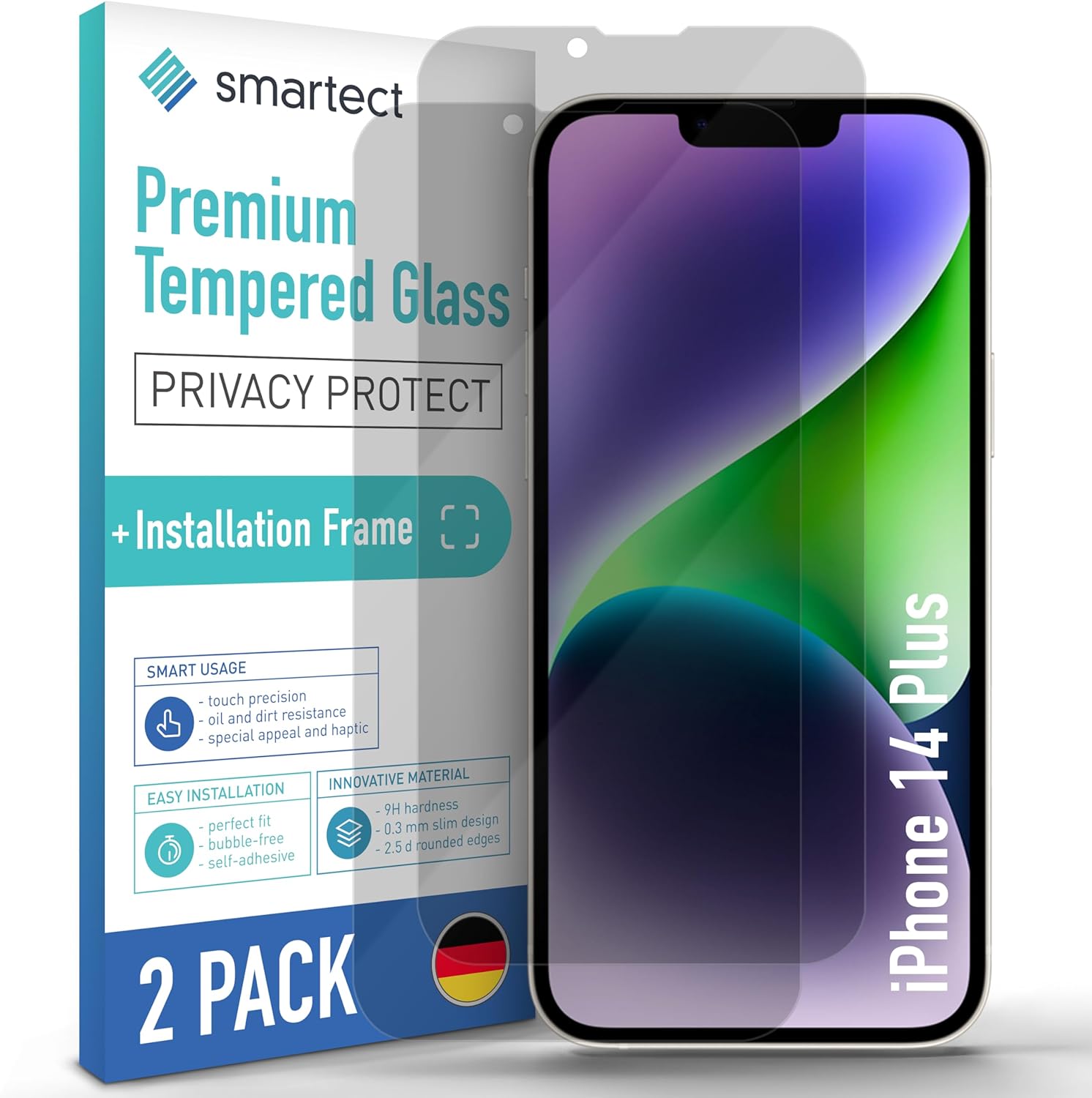 smartect Glass Screen Protector [2 Pieces, Privacy] for iPhone 14 Plus, incl. Installation Frame, Anti Spy Protective Film Anti Scratch, Bubble Free, 9H Hardness, Ultra Resistant.