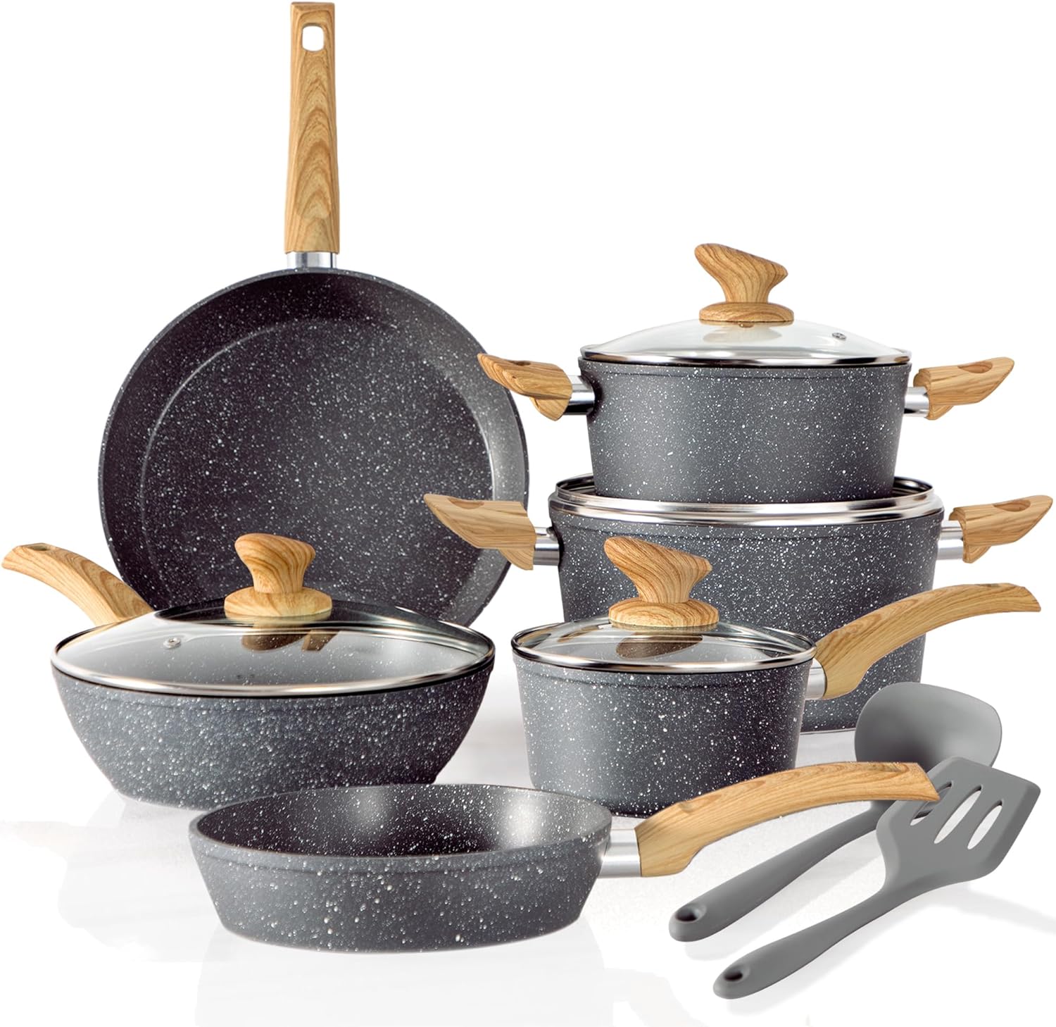 Kitchen Academy Induction Cookware Sets - 12 Piece Cooking Pan Set, Gray Granite Nonstick Pots and Pans Set, Induction Hob Pans Set.